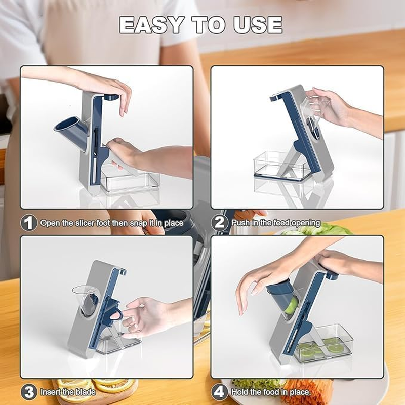 Safe Mandoline Slicer Adjustable with 4 Blades & Container, Safe Potato & Vegetable Food Slicer Chopper, High Efficiency Julienne & French Fry Cutter for Chef Meal Prep Kitchen Gadget (BLGRY) image number 4