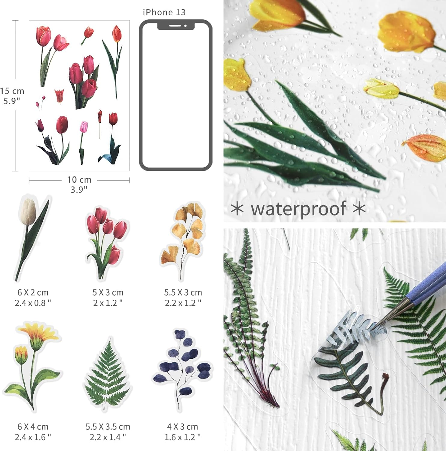 6 Packs Flower Stickers Scrapbook Stickers Decoration Sticker Planner Stickers Assorted Plant Stickers Clear PET for Scrapbooking Journaling Diary Album DIY Arts and Crafts (Bloom) image number 1