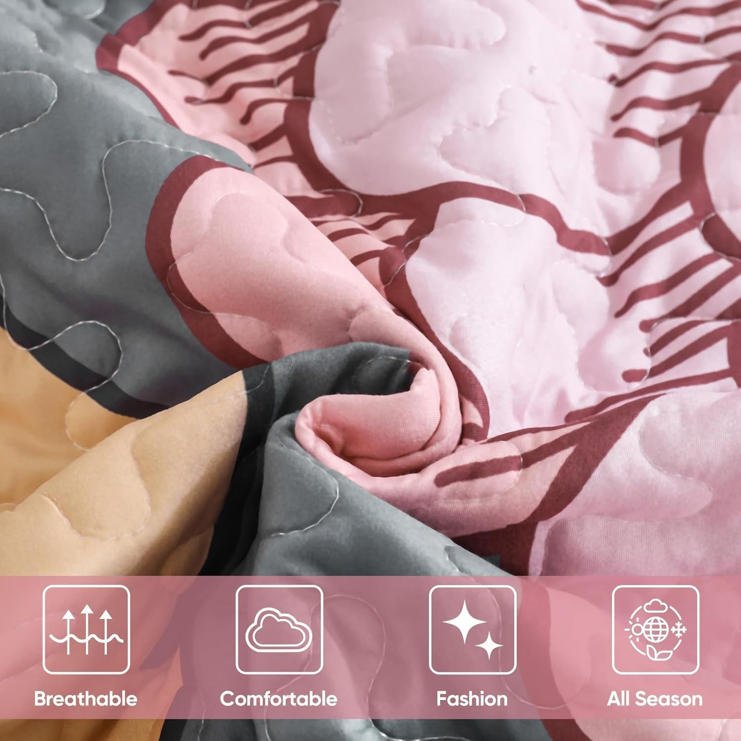 DJY Floral Quilt Set King Size Grey Pink Boho Flower Bedspread Coverlet Set 3 Pieces Soft Microfiber Farmhouse Botanical Bohemian Bedding Set with 2 Pillowcases for All Season (110''X90'')