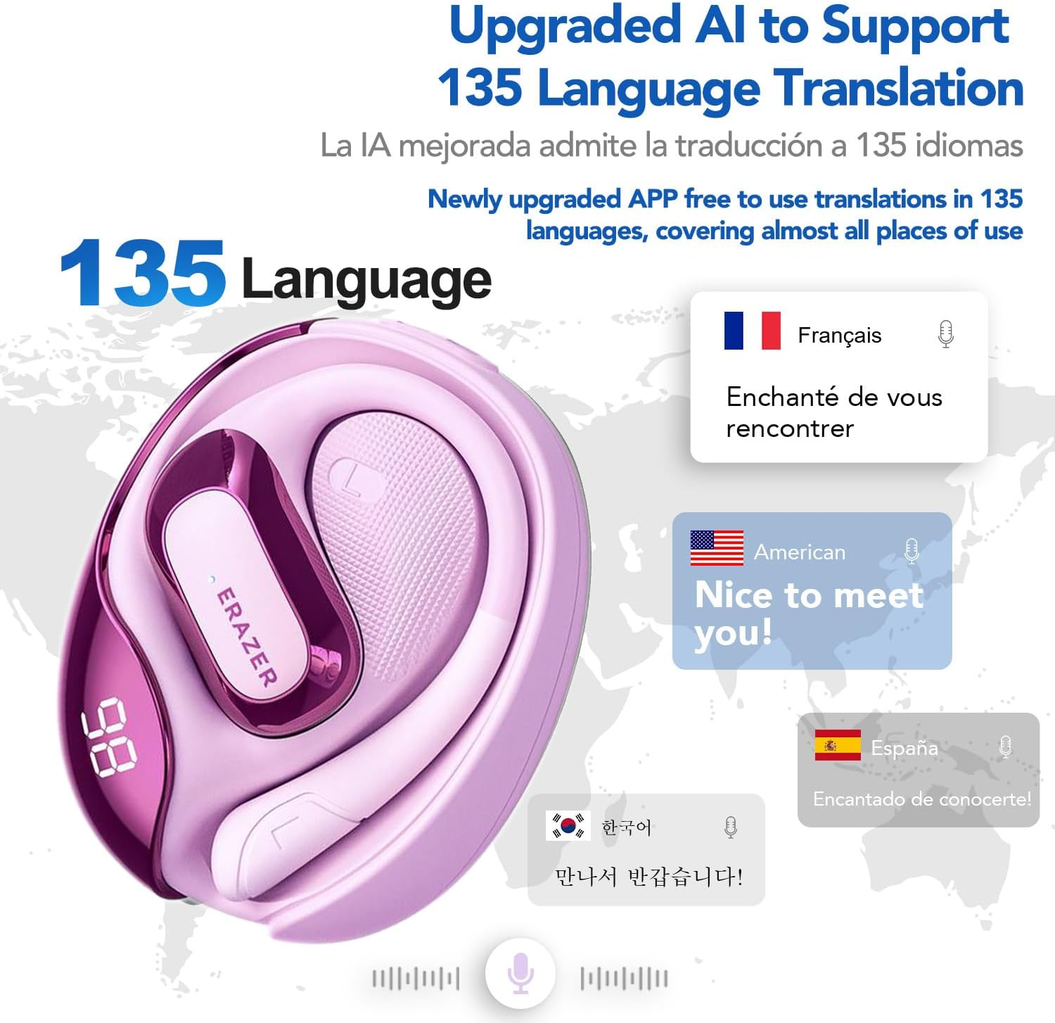 ERAZER X5 AI Translator Earbuds, 3-In-1 Translator Headphones in 135 Languages with APP, Bluetooth 5.4 Open Ear Headphones 40H Playtime with 13Mm Dynamic Driver Hifi Stereo for Ios & Android (Purple) image number 3