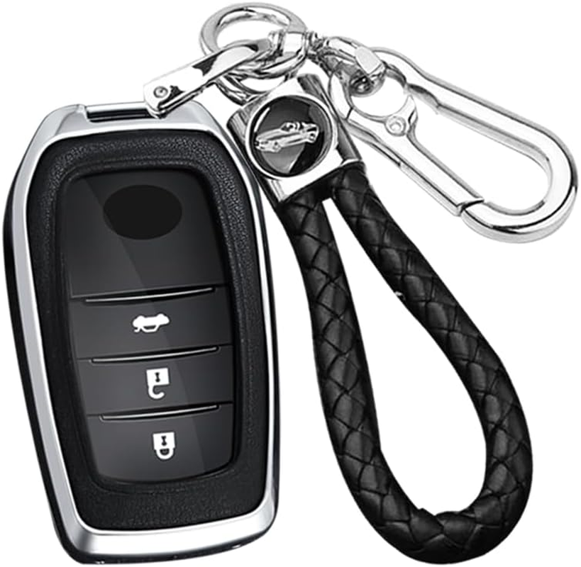 Ontto Alloy Car Key Fob Cover Fit for Toyota Land Cruiser 200 300 Prado Crown Yaris Cross Hilux Innova Fortuner Camry Leather Key Case Shell Key Holder Keyring Keychain Accessories Silver-Black image number 2