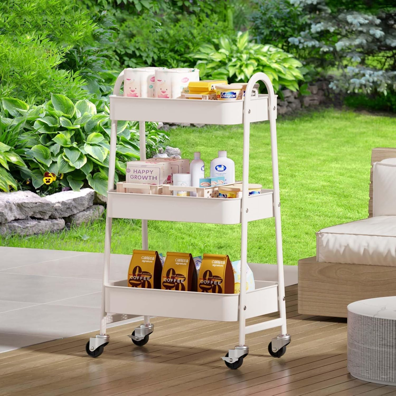 3-Tier Metal Rolling Cart with Lockable Caster Wheels - Lightweight Sturdy Utility Storage Organizer for Kitchen, Office, Bathroom, Narrow Places image number 3