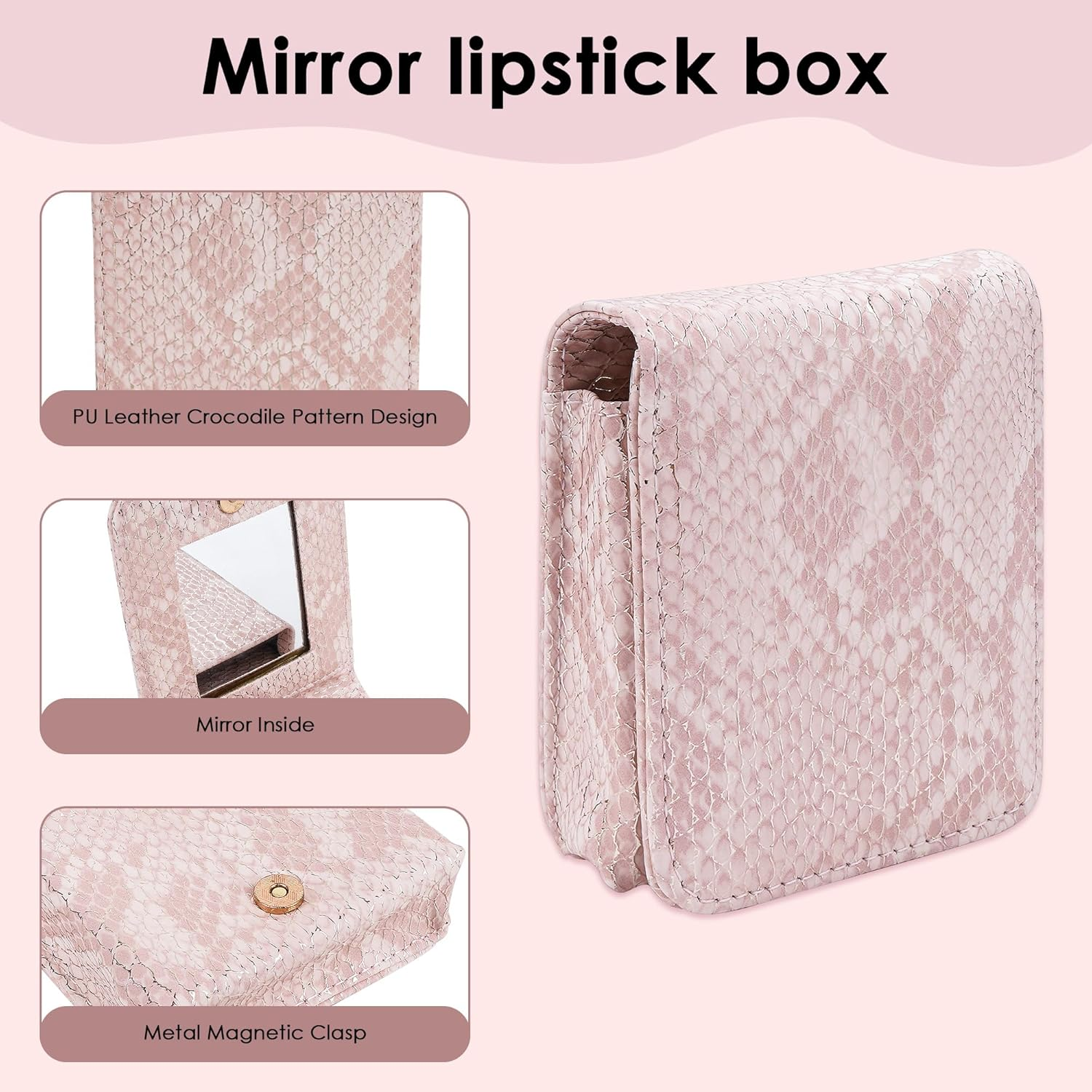 Biiange Pink Lipstick Holder, Lipstick Case with Mirror, Mini Portable Makeup Holder for Women Girls, for outside Mini Bag Travel Cosmetic Pouch (1Pcs) image number 2