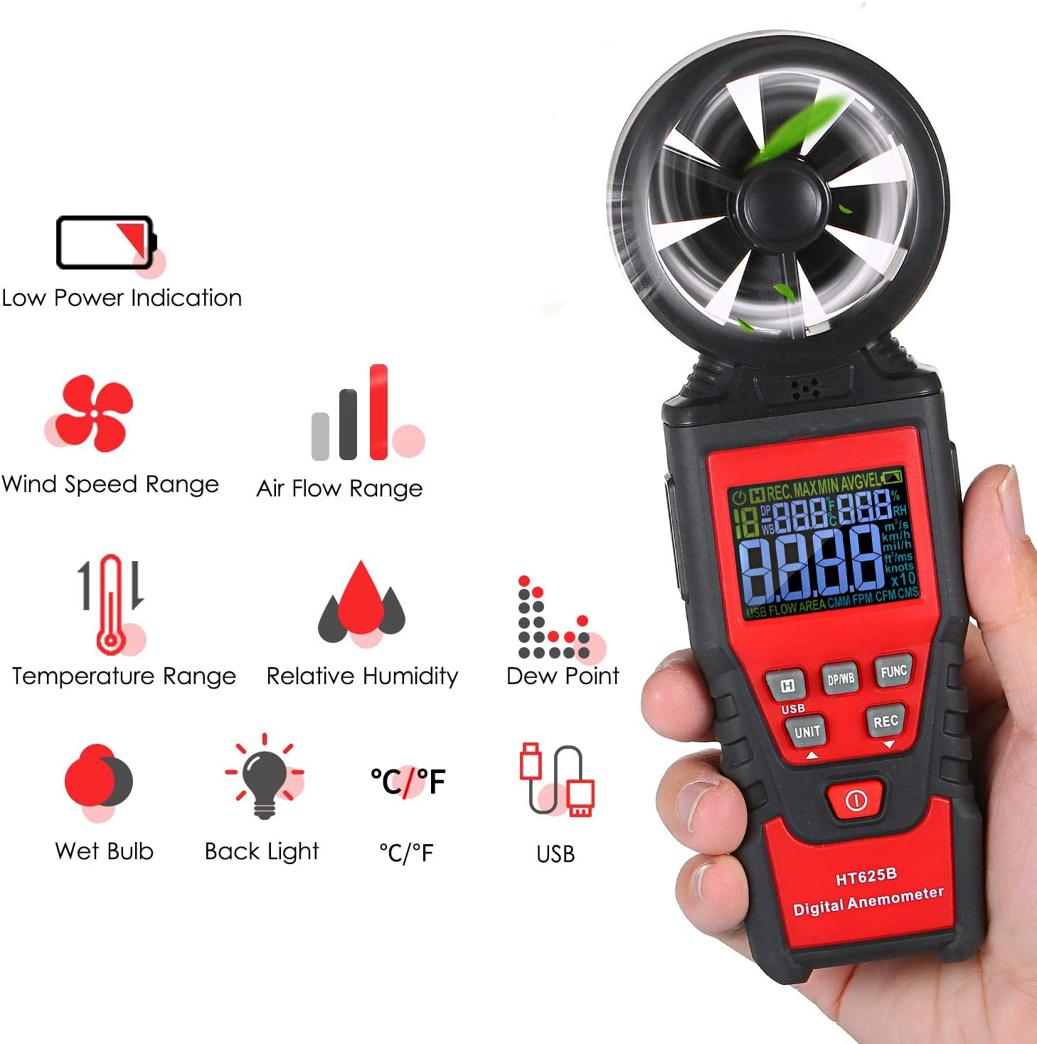 AUTENS Digital Anemometer Humidity Temperature Testers with USB Data Logging, LCD Color Screen, Wind Speed Meter Air Flow Meters for Measuring Wind Speed, Air Volume, MAX/MIN/AVG and Data Hold image number 5