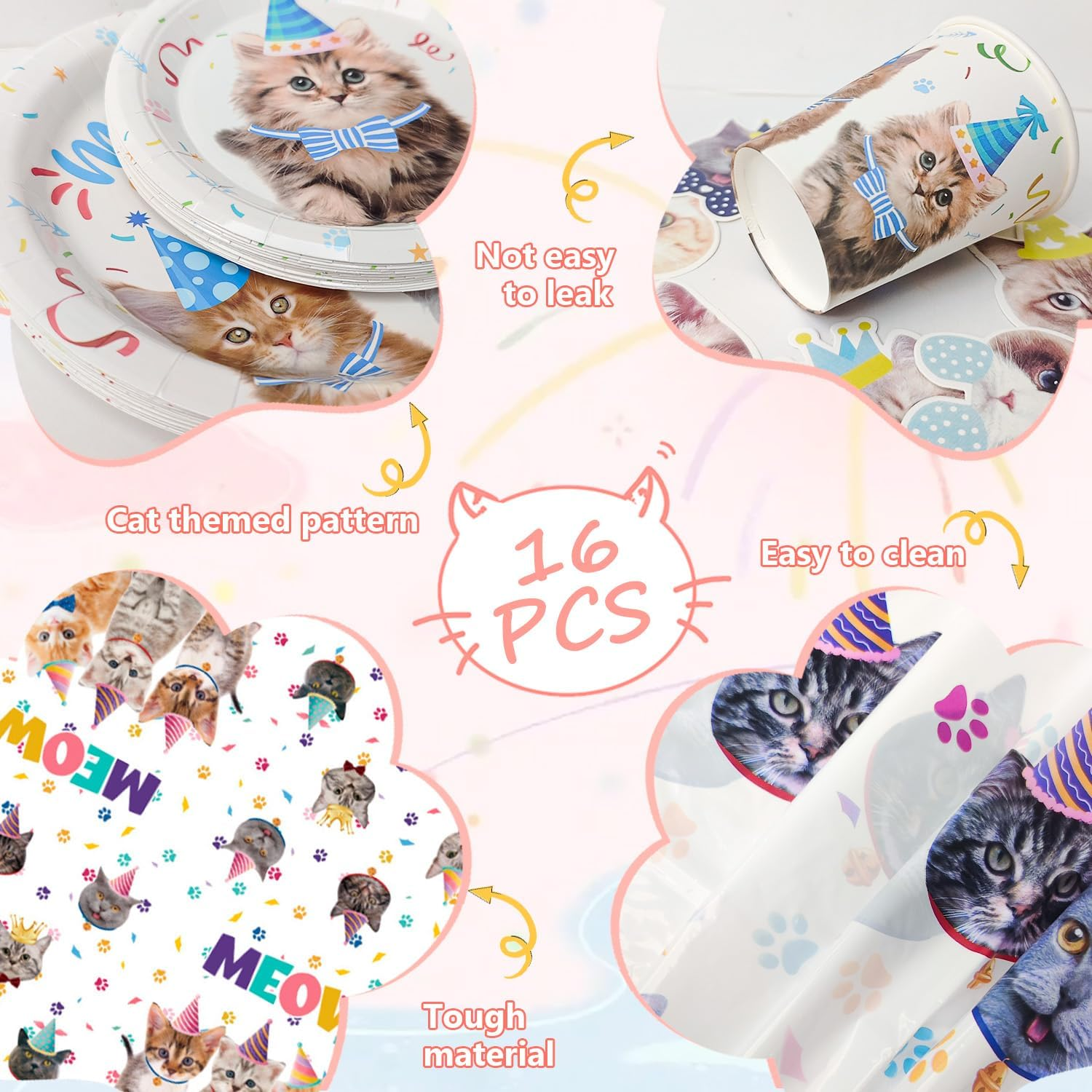 Cat Birthday Party Supplies, 16 Guests Cat Birthday Decorations Tableware Set, Kitten Party Plates Napkins Tablecloth Banner Balloons Etc image number 2