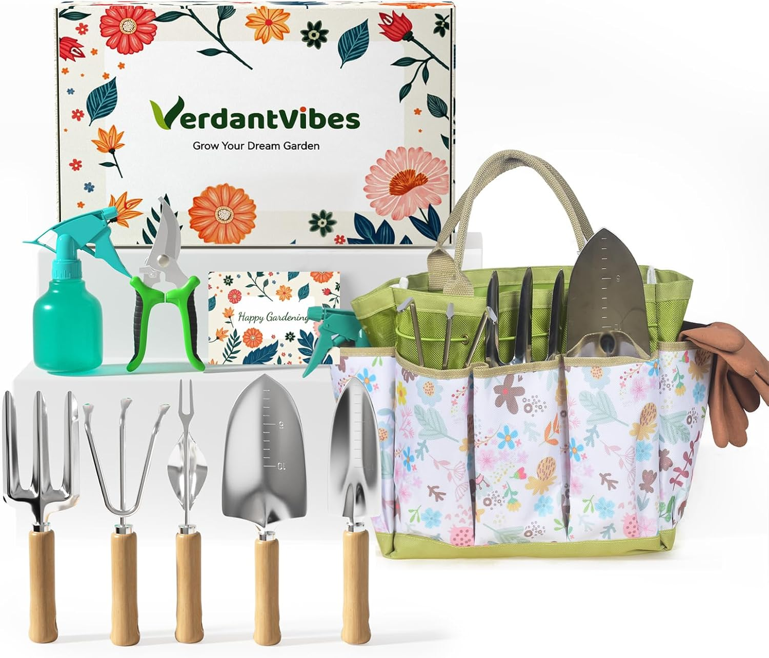 Gardening Tools Set 9-Piece Heavy-Duty Gardening Hand Tools with Floral Tote Bag, Stainless Steel Garden Supplies Kit Ideal Gardening Gifts for Women Mom Wife Green image number 5