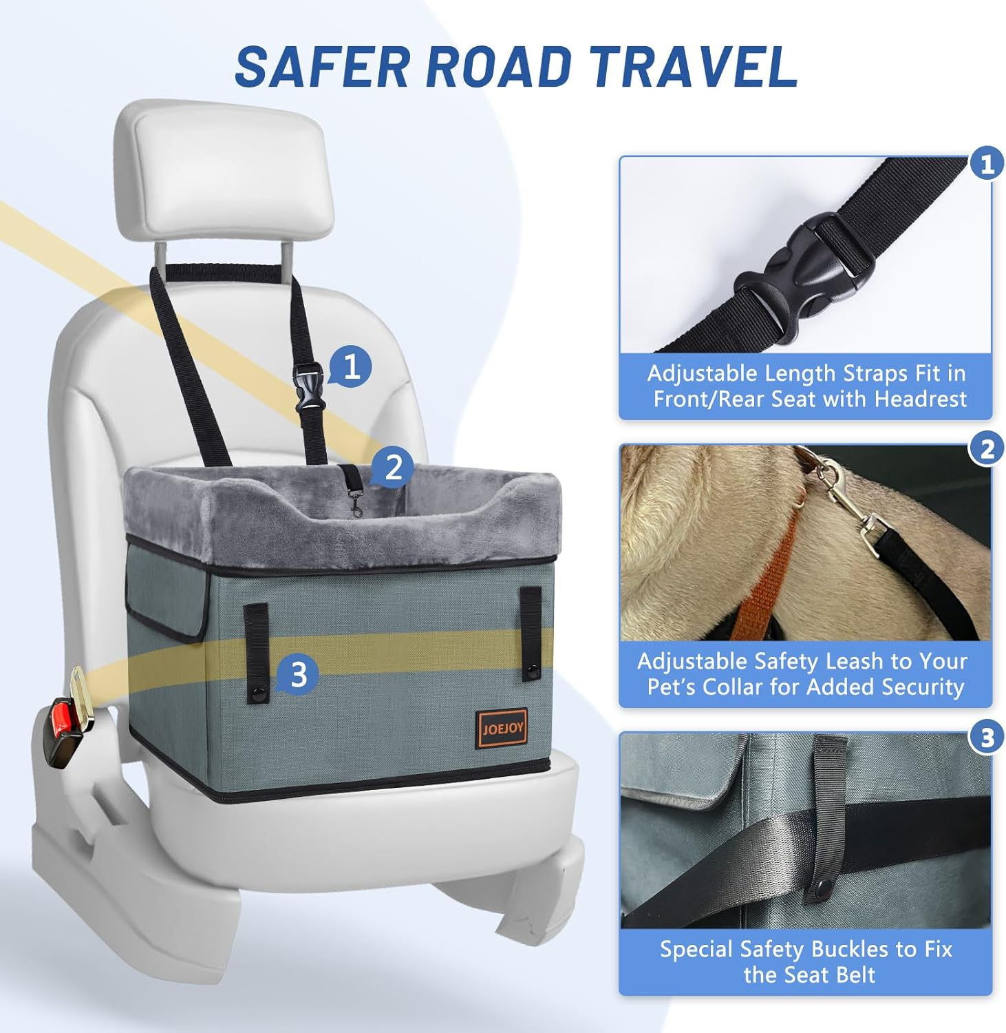 JOEJOY Small Dog Car Seat for Small Dogs, Portable Puppy Dog Booster Seat for Car with Clip-On Safety Leash, Adjustable Straps Perfect for Small Pets up to 25Lbs (Grey) image number 3