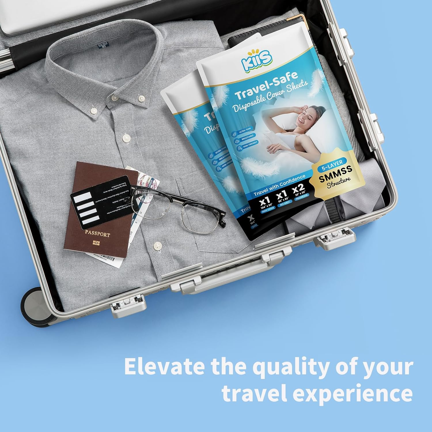 KIIS Travel-Safe Disposable Cover Sheets for Travel, Disposable Bed Sheet, Disposable Duvet/Comforter Cover, Disposable Pillowcases, Perfect for Hotels & Trips (King Size)