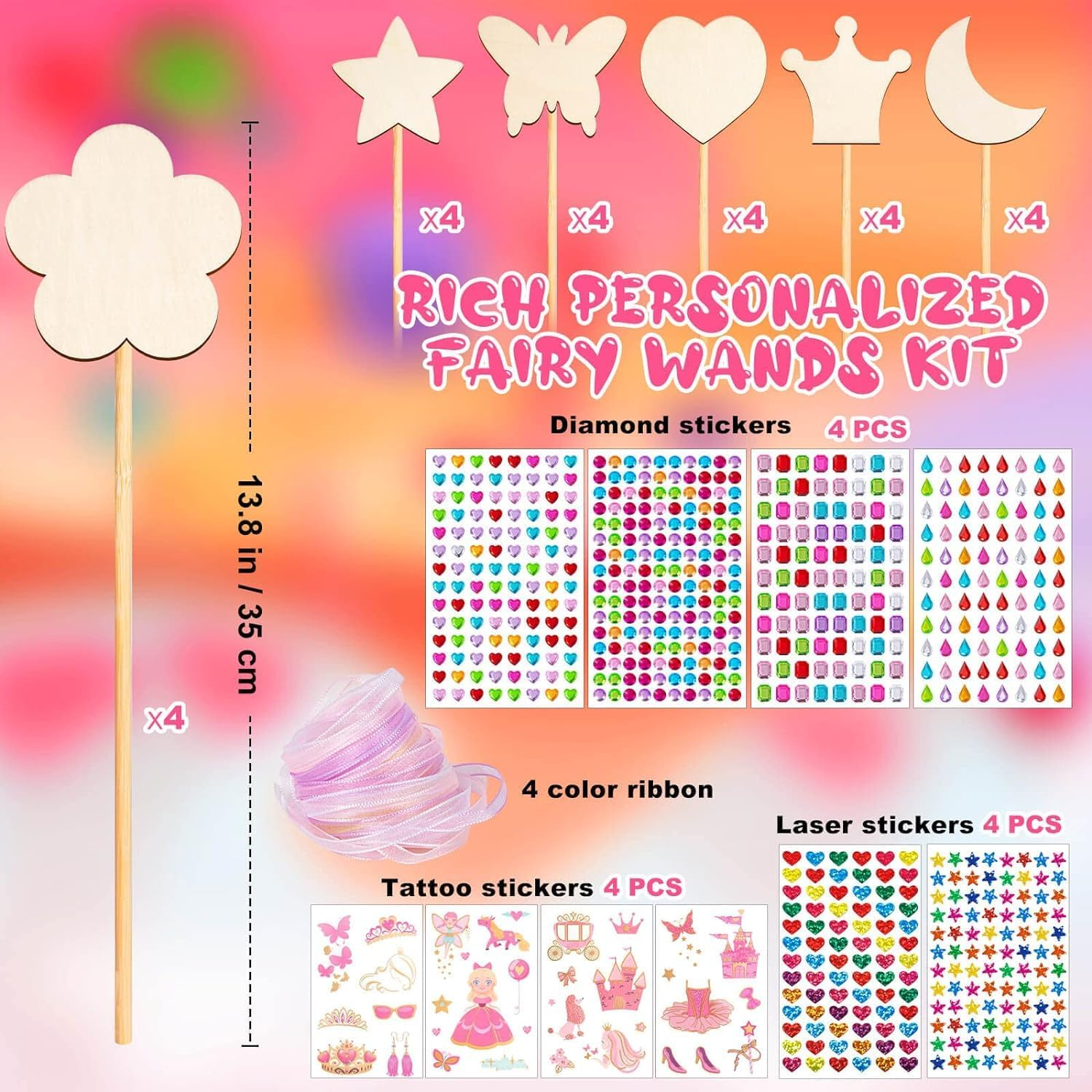 40Pcs Princess Fairy Wand Kit, Wooden DIY Fairy Wand Making Kit for Girls, Fairy Wand for Birthday Gifts Party Supplies image number 5