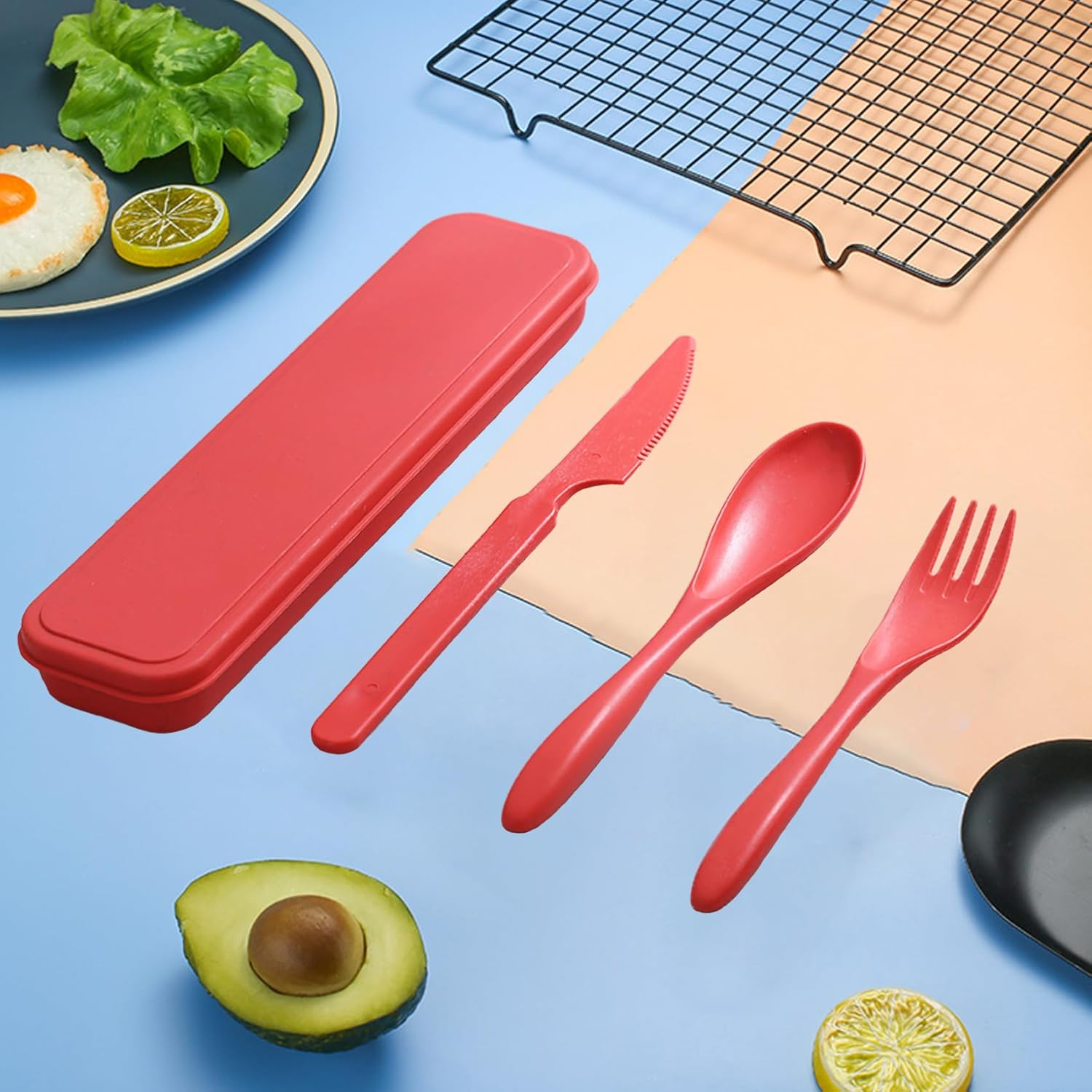 Travel Cutlery Set with Case, Reusable Portable Utensils Plastic Fork Knife Spoon for Camping Picnic Work School Daily Use (Red) image number 2