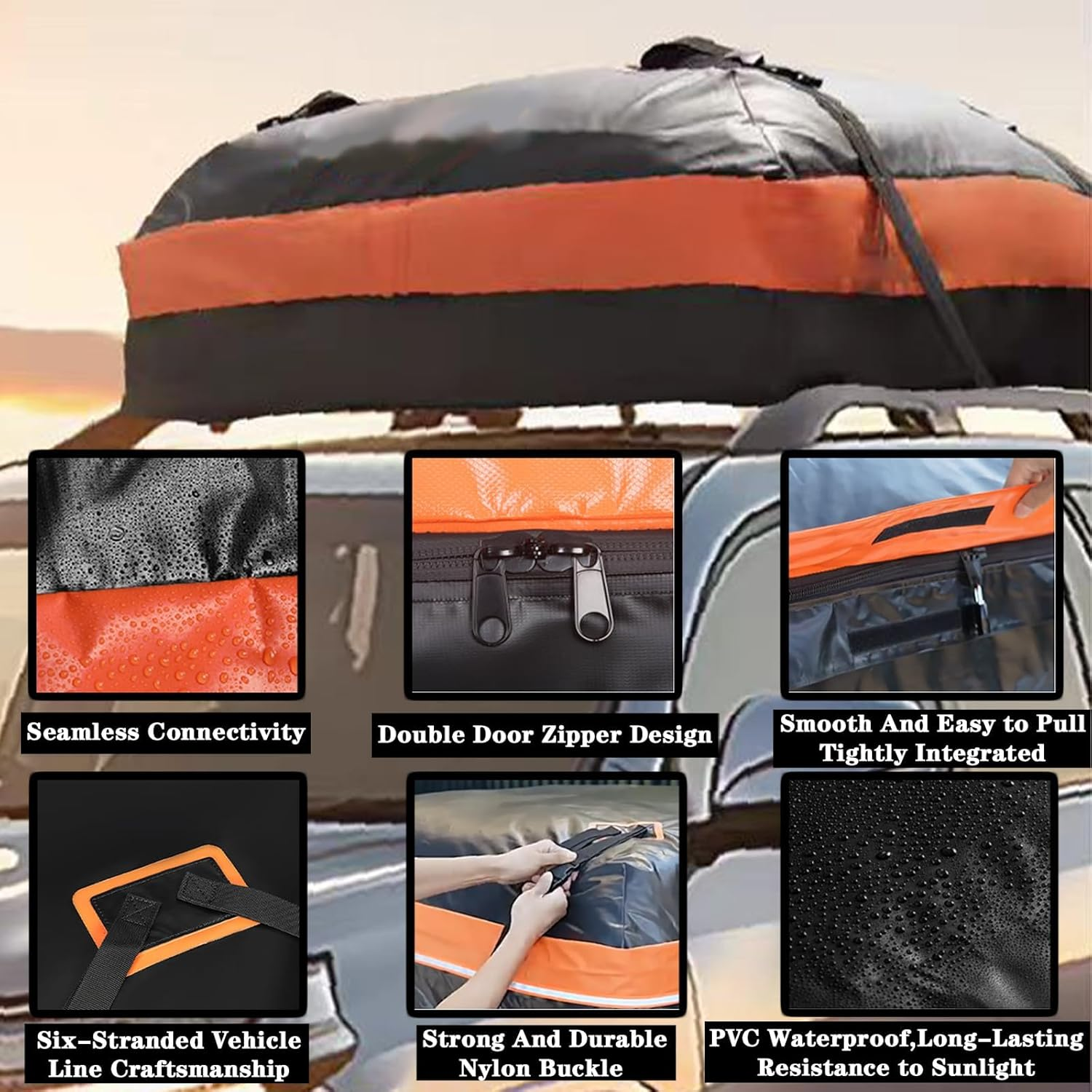 Rooftop Cargo Carrier, XICEN Waterproof Car Roof Bag for All Vehicles With/Without Rack, Roof Top Luggage Bag, Anti-Slip Mat, 10 Reinforced Straps, 6 Door Hooks, Luggage Lock Included image number 1