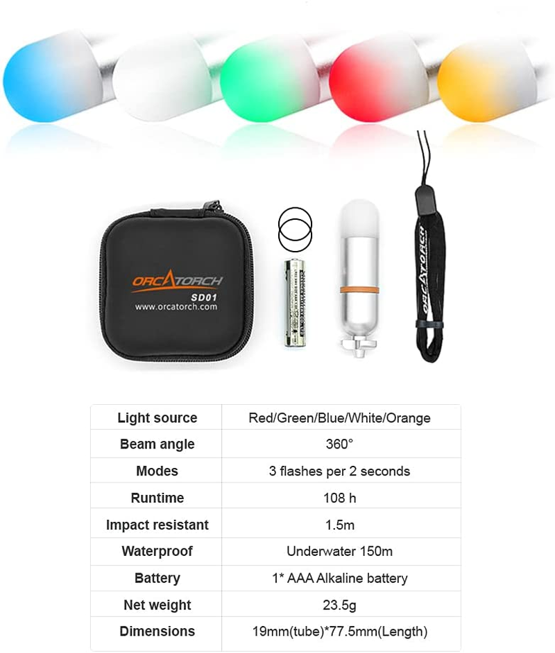ORCATORCH SD01 Mini Glow Tank, Scuba Dive Strobe Beacon Diving Signal Light Night Dive Flashing Marker Light with AAA Battery, for 150M Underwater Diving (5 Colors Option) image number 2