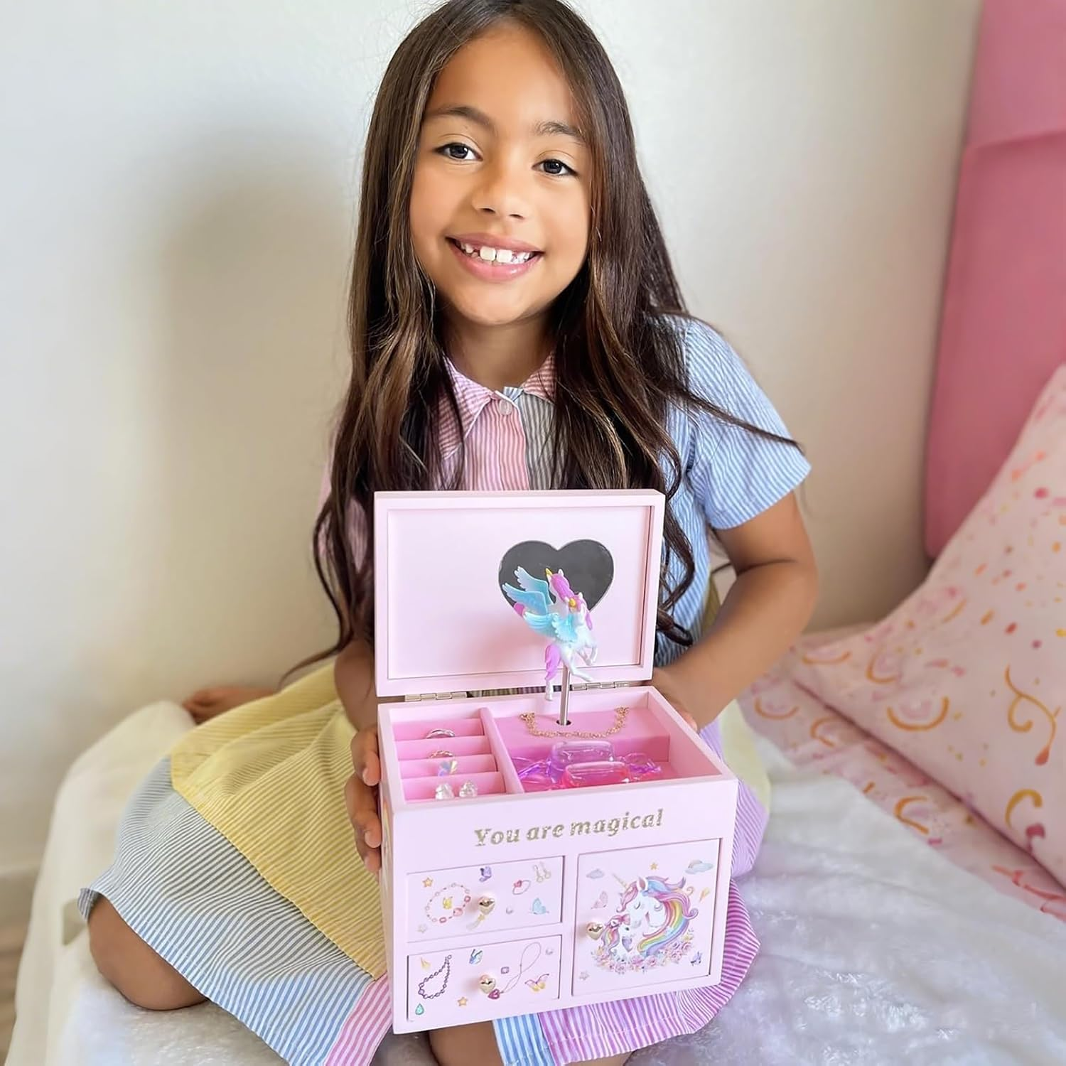 Lolalet Unicorn Jewelry Box for Girls, Wooden Musical Children'S Jewelry Organizer, for Kids Toddler Age 2 3 4 5 6 7 8 9 on Birthday -White image number 6