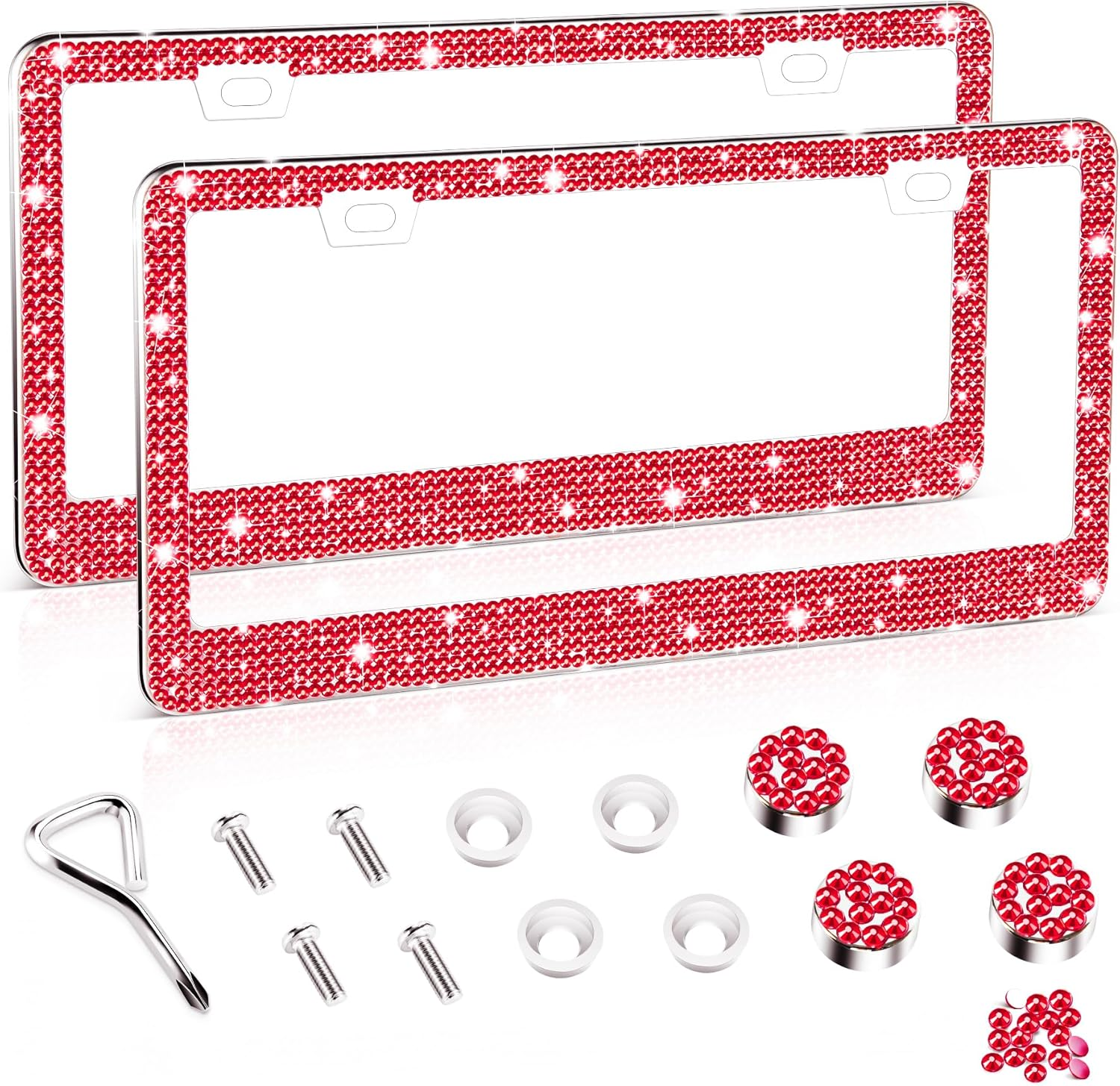 Amiss Bling Number Plate Cover Frame for Women, 2Pack Rhinestone Handcrafted Crystal Premium Stainless Steel Car Accessories with Diamond Sparkle Glitter Caps (Red)