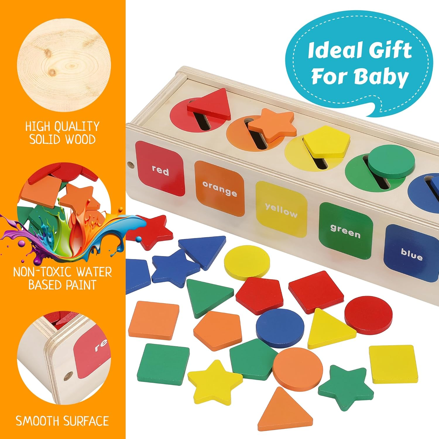 Wooden Montessori Toys for Toddlers - Color Sorting & Stacking Toy Includes 25 Wooden Building Blocks of 5 Different Shapes & Colors to Improve Color Recognition, Hand Eye Coordination, & Motor Skills image number 1