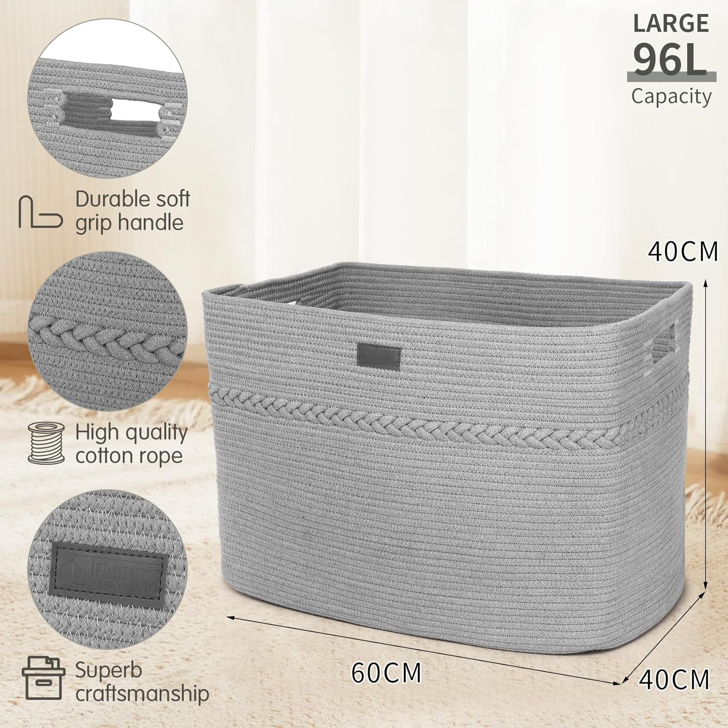 Fortuco 96L Woven Cotton Rope Laundry Basket &ndash; Large Laundry Hamper & Clothes Hamper &ndash; Durable Foldable Dirty Clothes Basket & Clothes Basket for Bedroom, Bathroom & Home Storage (Grey) image number 2