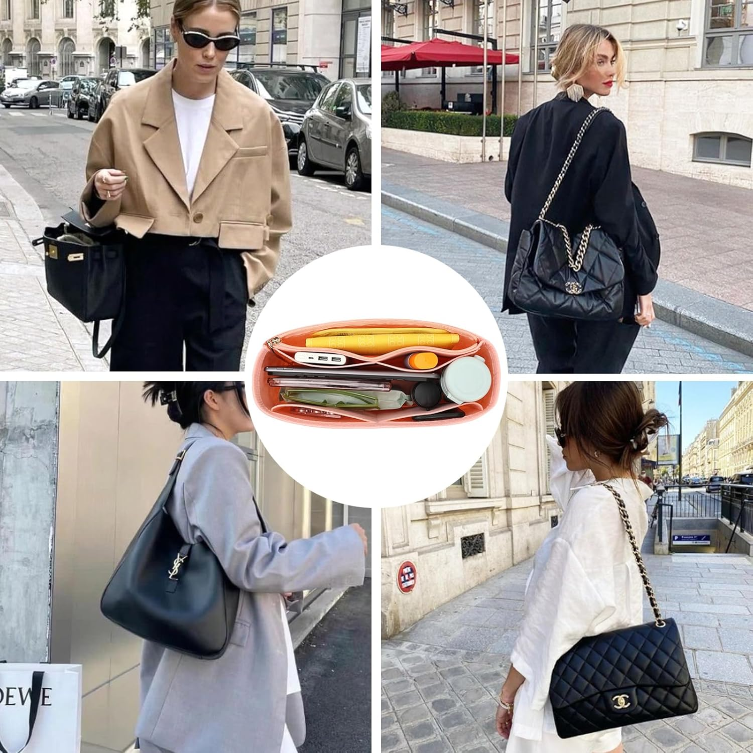 Surblue Purse Organizer Insert for Handbags, Felt Bag Organizer with Zippers Handbag Shaper Pouch for Classic 19 Flap Bag, Marmont, Onthego,（Lightpink, Slender L）