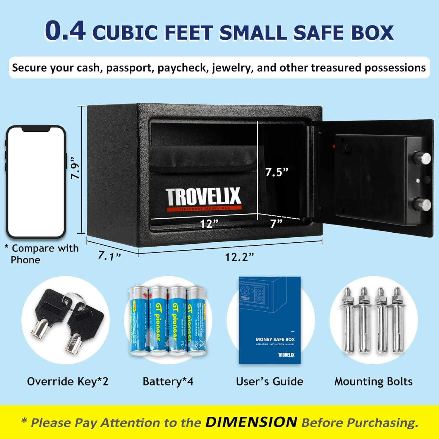 Safe Box for Home (0.4 Cubic Feet) with Fireproof Bag and Light, Keypad and Key Lock, Money and Cash Saving, Personal Use image number 1