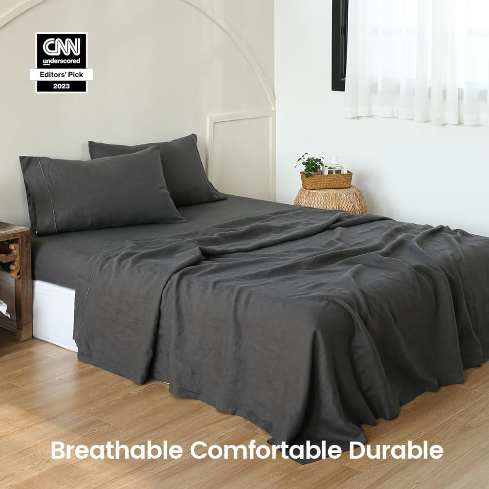 Simple&Opulence 100% Linen Sheet Set with Embroidery Washed - 4 Pieces (1 Flat Sheet & 1 Fitted Sheet & 2 Pillowcases) Natural Flax Soft Bedding Breathable Farmhouse - Dark Grey, Full Size image number 4