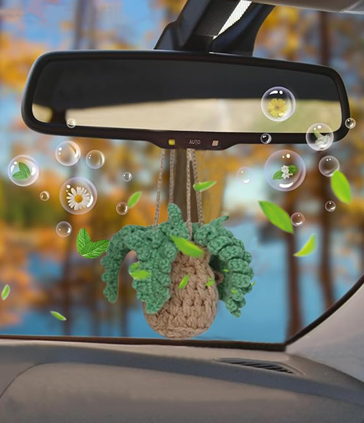 Crochet Car Air Freshener,Empty Refillable Car Oil Diffuser Bottle with Cute Crochet Plants Car Mirror Decor Hanging,Car Accessories for Women,Rear View Pendant, Crochet Accessories Car Decor