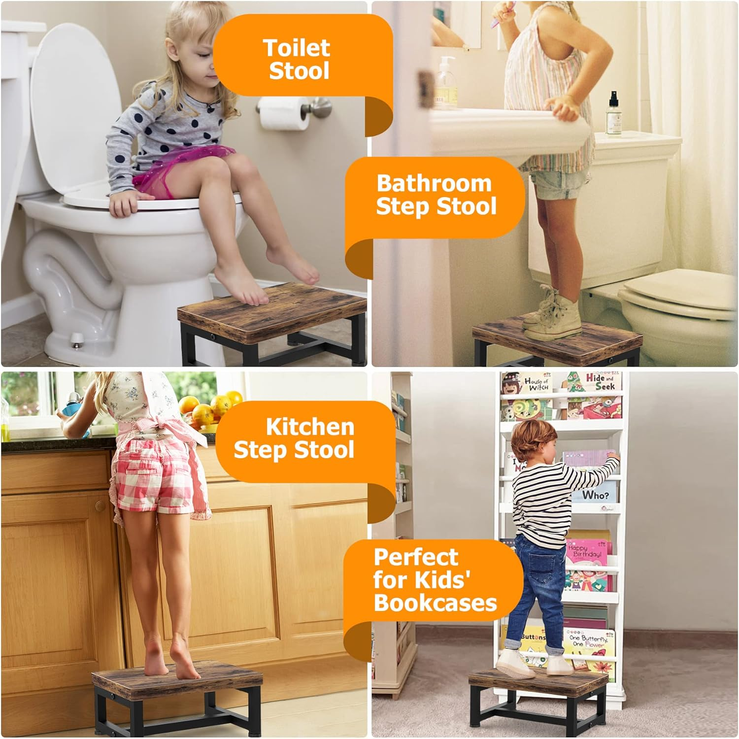 Wooden Step Stools for Adults Kids with Non-Slip Rubber Feet, Heavy Duty Stepping Stools with 500-LBS Capacity for Bedroom Kitchen Bathroom, Bed Steps for High Beds, Easy to Assemble, Rustic Brown - Black image number 4