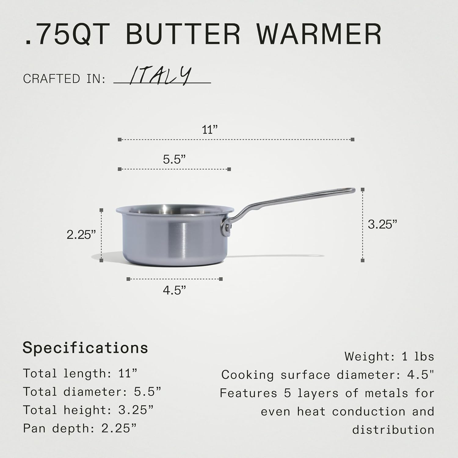 Made in Cookware - 3/4 Quart Stainless Steel Butter Warmer - 5 Ply Stainless Clad - Professional Cookware - Crafted in Italy - Induction Compatible image number 1