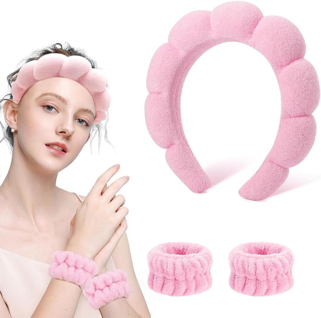 JRYXDS Spa Headband for Washing Face Wristband Set Soft Sponge Skin Care Headband Hair Accessories for Washing Face Make up Remover Shower Skin Care (Pink) image number 2