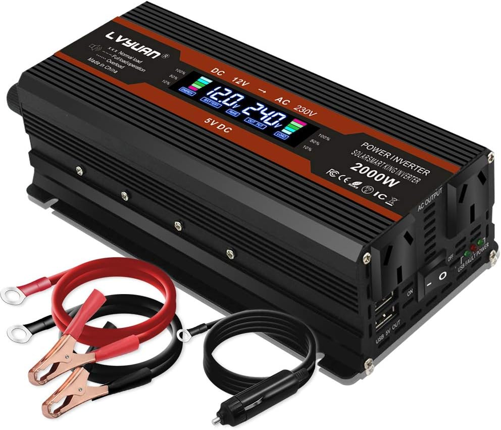 Yinleader 1000W /2000W(Peak) Car Power Inverter DC 12V to 240V AC Converter with Intelligent LCD Display Dual AC Outlets Dual USB for RV Caravan Truck Laptop(Black) image number 1
