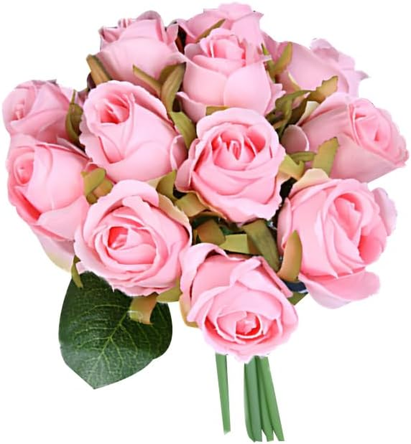 12 Heads Silk Rose Artificial Flowers Fake Bouquet Buch Home Wedding Party Decor, Real-Touch Fabric and Plastic, 25Cm Length