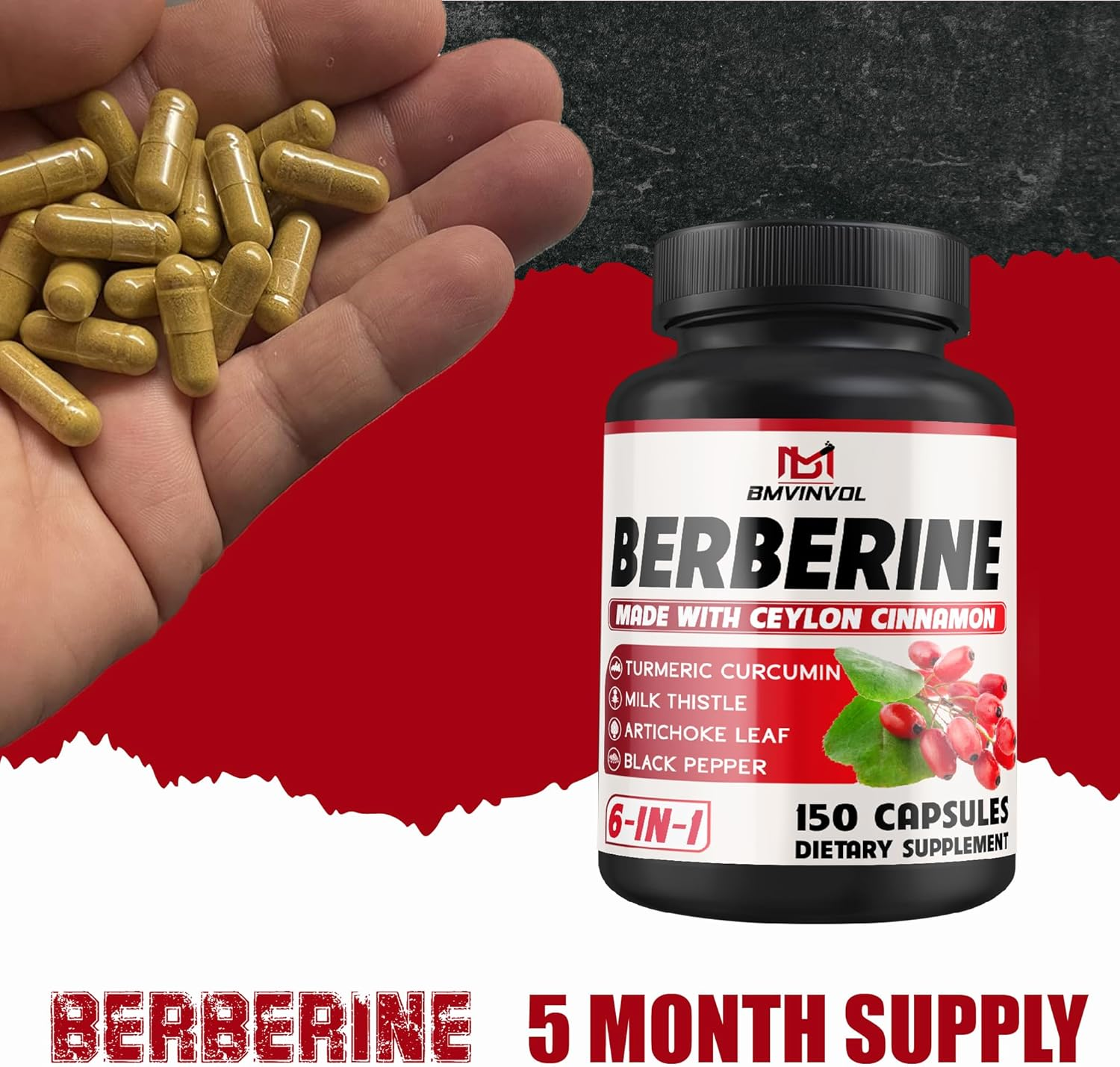 Berberine Hcl, 150 Capsules - plus Ceylon Cinnamon, Turmeric, Milk Thistle, Artichoke, Black Pepper, Berberine HCI Root Supplements Pills - Immune System image number 3