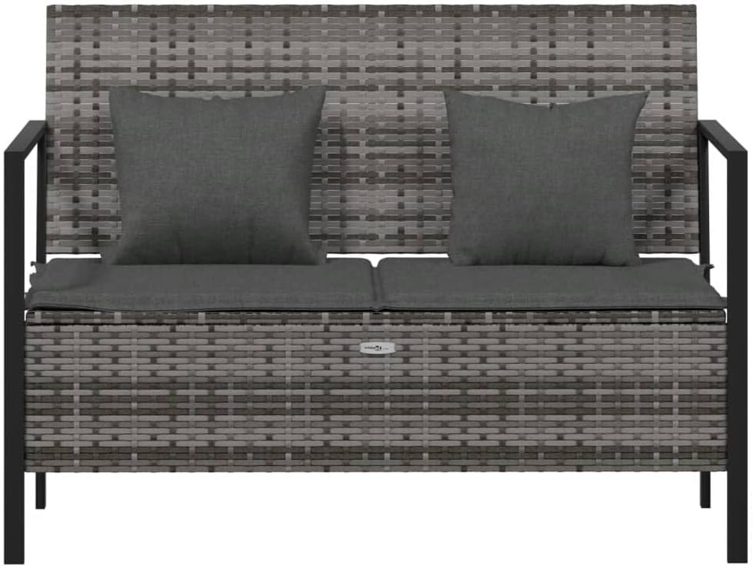 Vidaxl Comfortable 2-Seater Garden Bench with Cushions & Storage Compartment - Weather Resistant Pe/Poly Rattan in Grey - Sturdy Steel Frame -Modern Patio Furniture - Grey image number 6