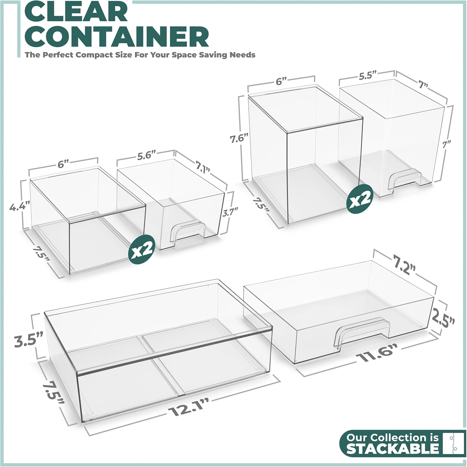 Sorbus Acrylic Storage Containers - 5 Pack, Stackable Storage Bins Set for Bathroom Organization - Clear Acrylic Drawer Organizers - Makeup Case Pull-Out Drawers (7.6&rsquo;&rsquo; and 4.4&rsquo;&rsquo; Tall and 12.1&rsquo;&rsquo; Wide) image number 4
