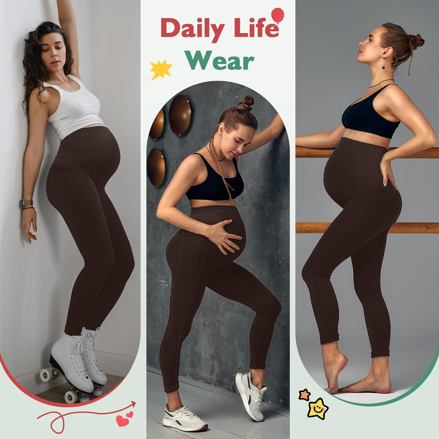 Women'S Maternity Leggings with Pockets High Waistband Pregnancy Leggings Opaque Elastic Maternity Leggings for Pregnant Women image number 1