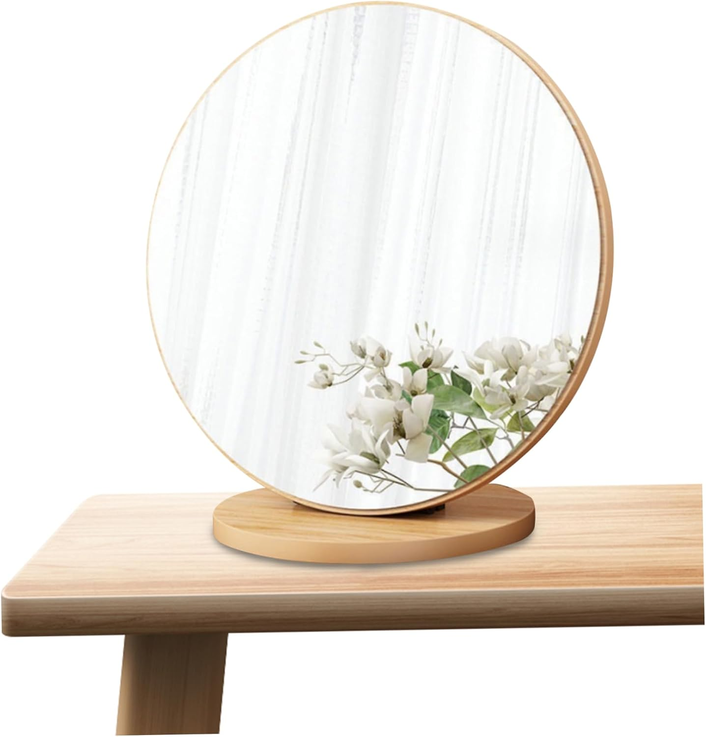 Round Makeup Mirror with Wooden Base 11.8" Makeup Mirror 90&deg; Rotating Tabletop Mirror for Home Dorm & Bedroom Dressing Table