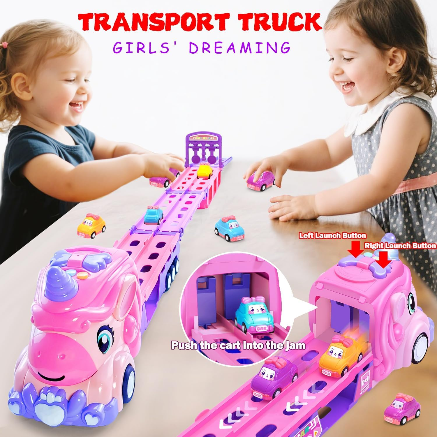 Unicorn Car Toys for 2 3 4 5 6 7 Year Old Toddler Girl, Unicorn Toys Truck & Foldable Race Track W/Light & Sound, Friction Power Toy Cars W/ 9 Princess Cars, Birthday Presents Kids Girls Age 4-6 image number 2