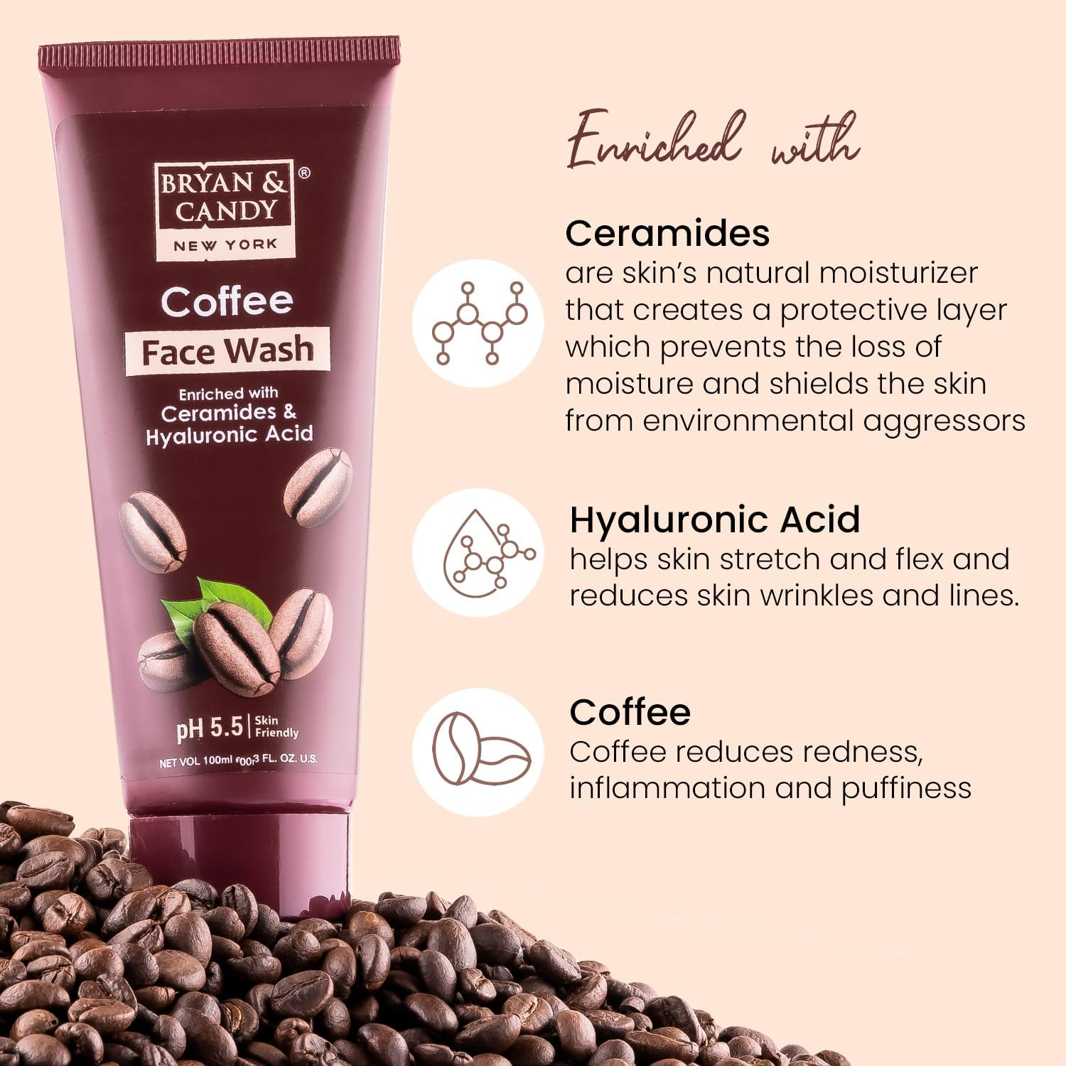 Bryan & Candy New York Coffee Face Wash for Men and Women Enriched with Ceramides and Hyaluronic Acid (100 Gm) image number 3