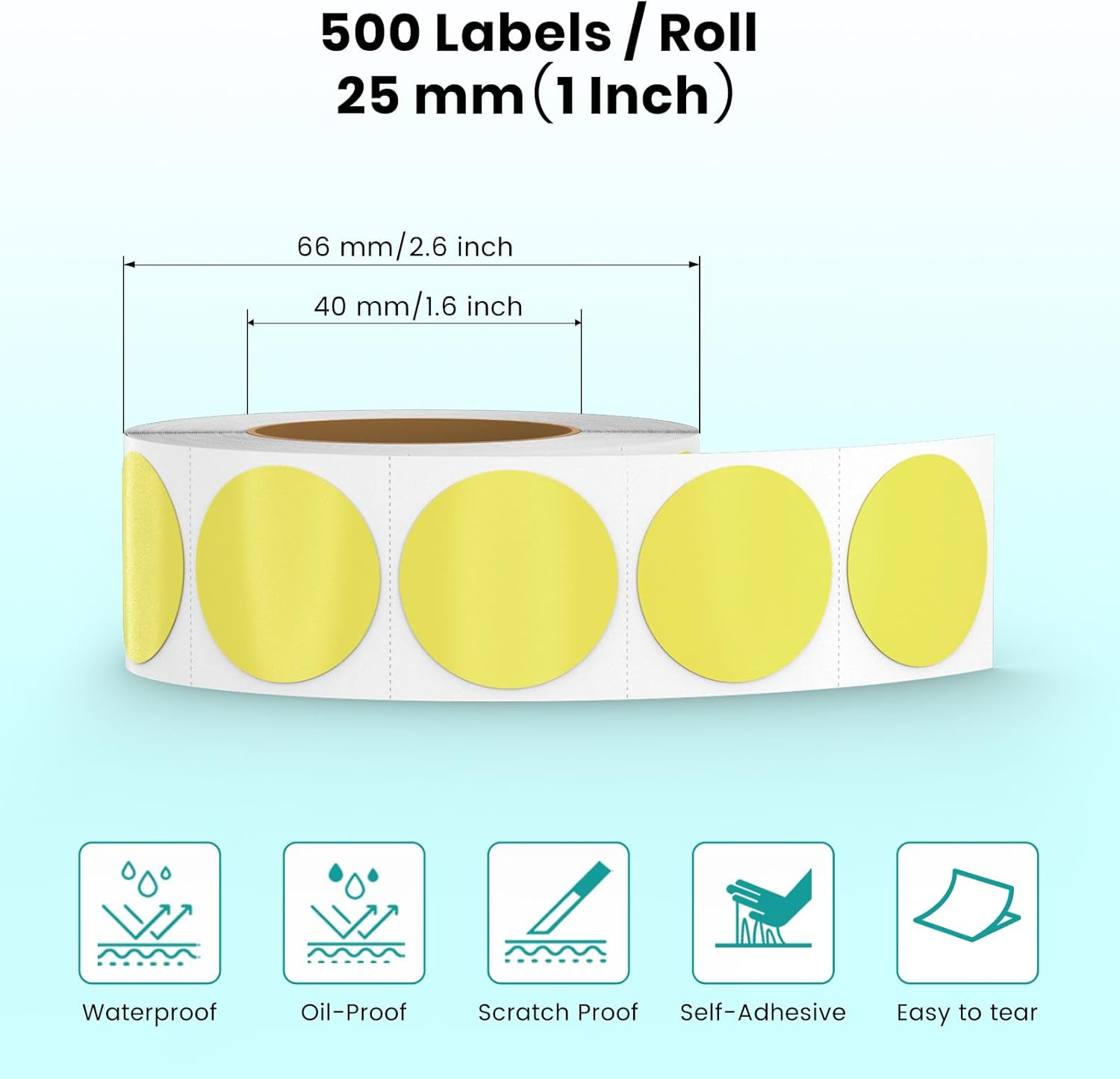 Yellow round Thermal Labels Self-Adhesive 1 Inches Circle Printer Stickers Waterproof Dot Vinyl Decal Nametag for Busineses & Warehouses 500 PCS per Roll - Green image number 6