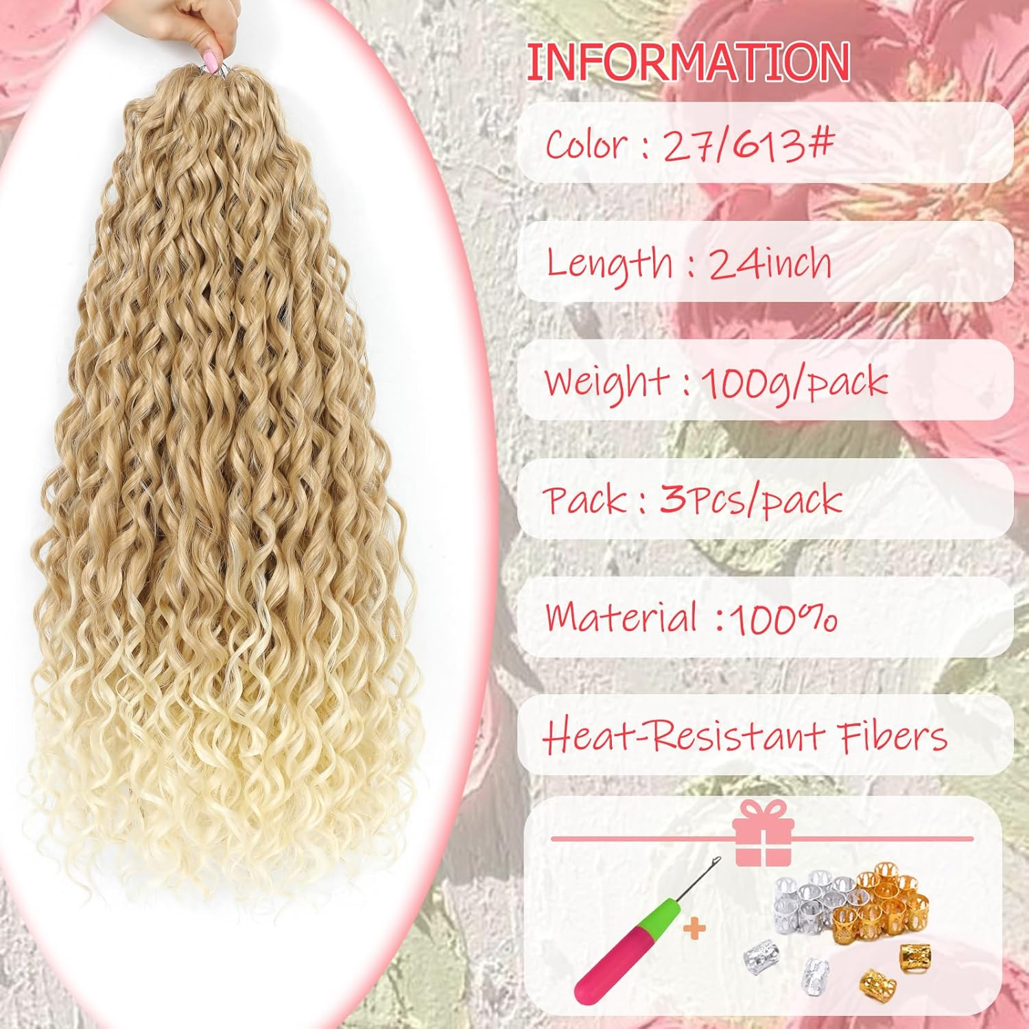 24Inch Deep Wave Twist Curly Crochet Hair Extensions 3Pack Deep Wavy Air Curl Bulk Hair Synthetic Boho Braids Water Wave Crochet Hair Extension for Women (T27/613, 24Inch-3Pack) image number 6