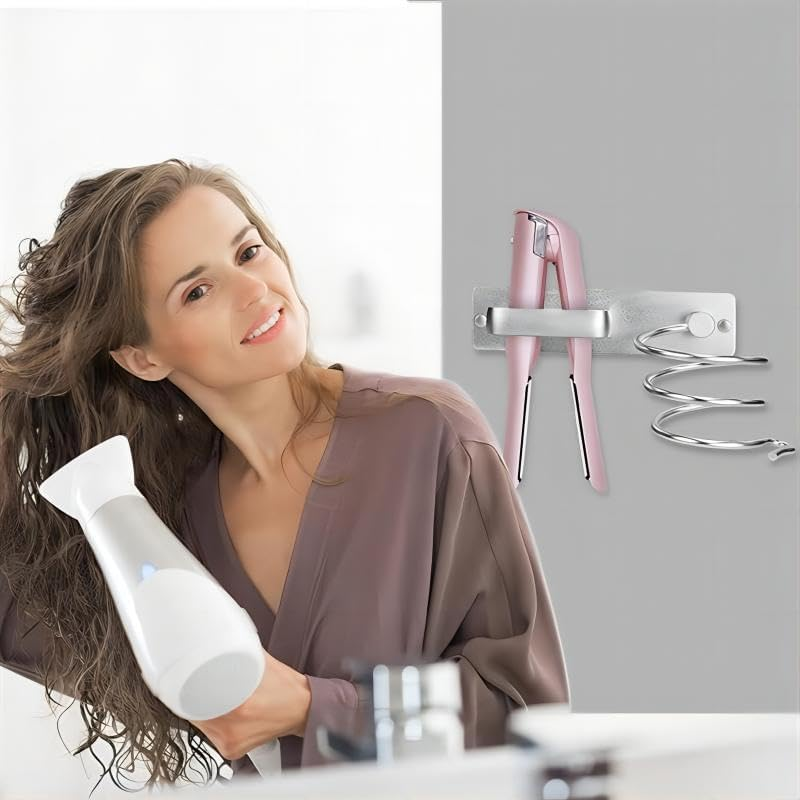 2 in 1 Hair Dryer Holder Rack,Fyjidy Wall Mounted Haircare Styling Tool Storage Box for Hair Dryer,Curling Wand,Hair Straightener (Silver)