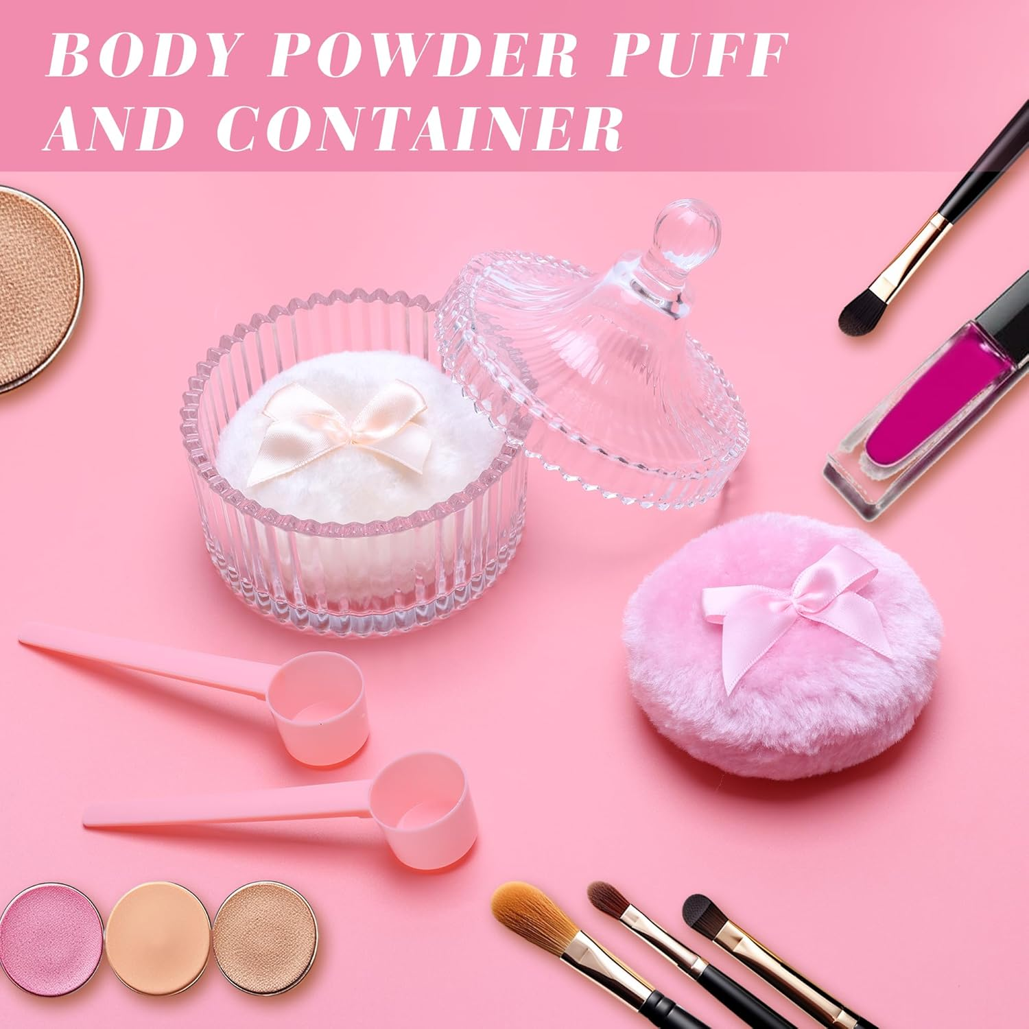 5PCS Body Powder Puff and Container, Coolrunner Crystal Clear Powder Container with Powder Spoon, Dusting Powder with Puff for Women, Washable Reusable image number 1