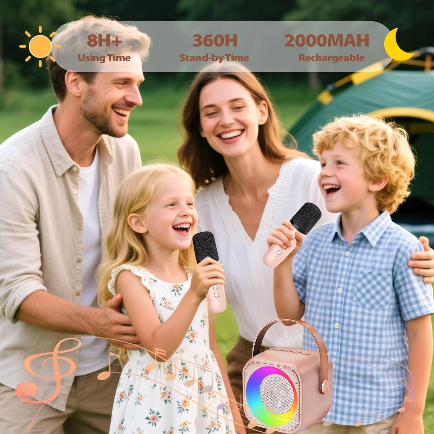 Mini Karaoke Machine for Kids Adults, Portable Bluetooth Speaker with 2 Wireless Microphones, Microphone and Speaker Set with Disco Light for Home Party Christmas Birthday Gift for Girls Boys - Black image number 5