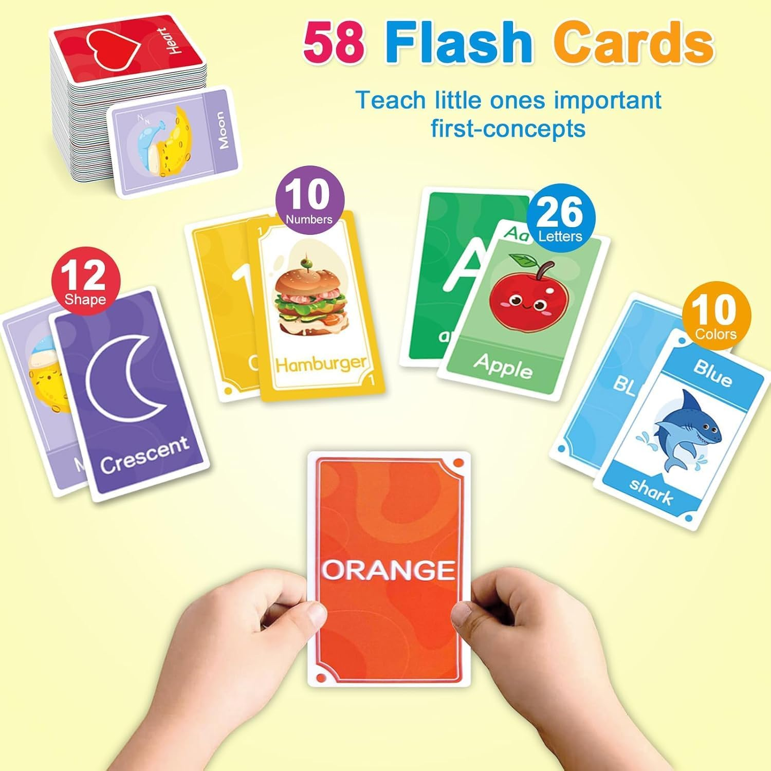 Toddler Flash Cards, Set of 58 Alphabet, Letters, Colors, Shapes and Numbers, Baby Learning Cards, Educational, Preschool, Toddler Flashcards, Double-Sided, for Toddlers 1-4 Years image number 1