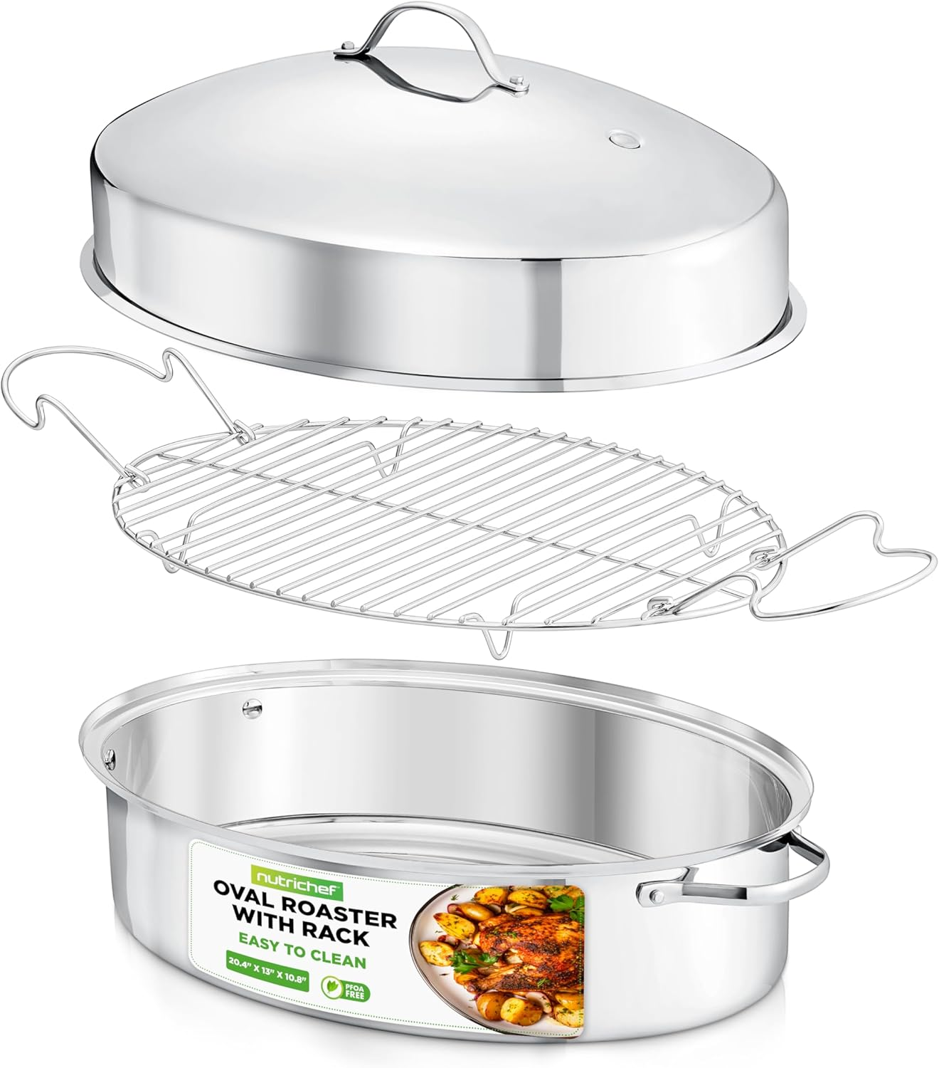 Nutrichef 20" Oval Roasting Pan with Rack and Lid - Premium Stainless Steel Roaster Dish W/Wide Handles & Removable Rack, Multi-Use Cookware for Turkey, Chicken, Stews, & More - Dishwasher Safe