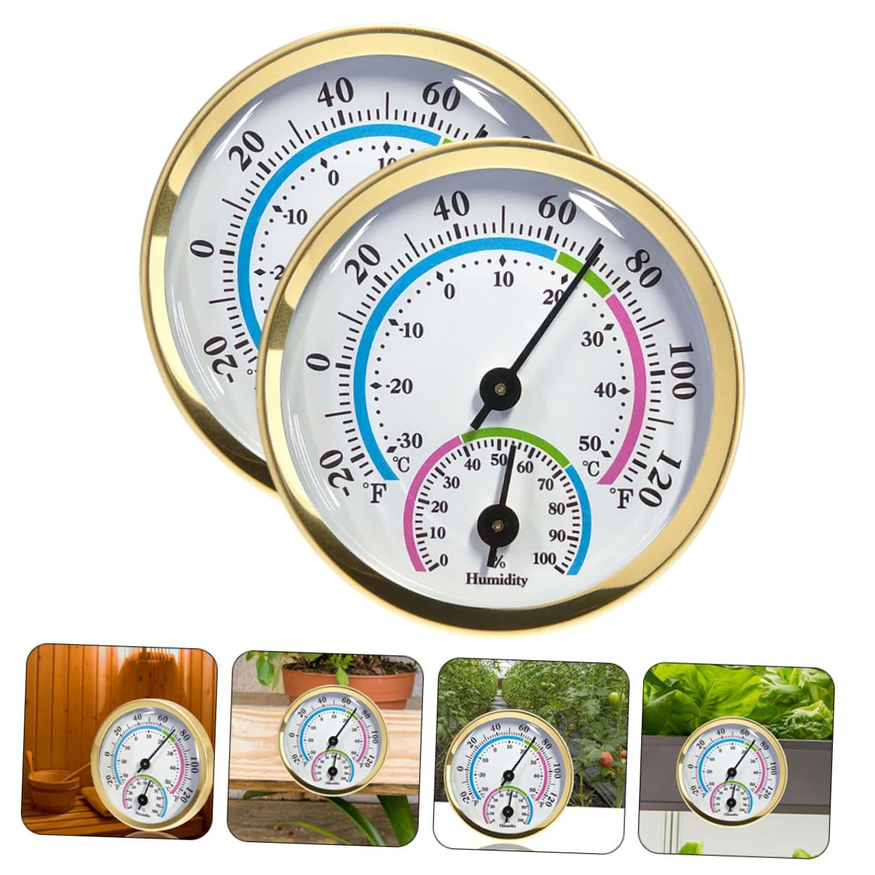 Ifundom 2Pcs Mini Indoor Thermometer Hygrometer Gold Decorative Humidity Gauge for Wine Cabinets Rooms Office Wall Mount Moisture Sensor