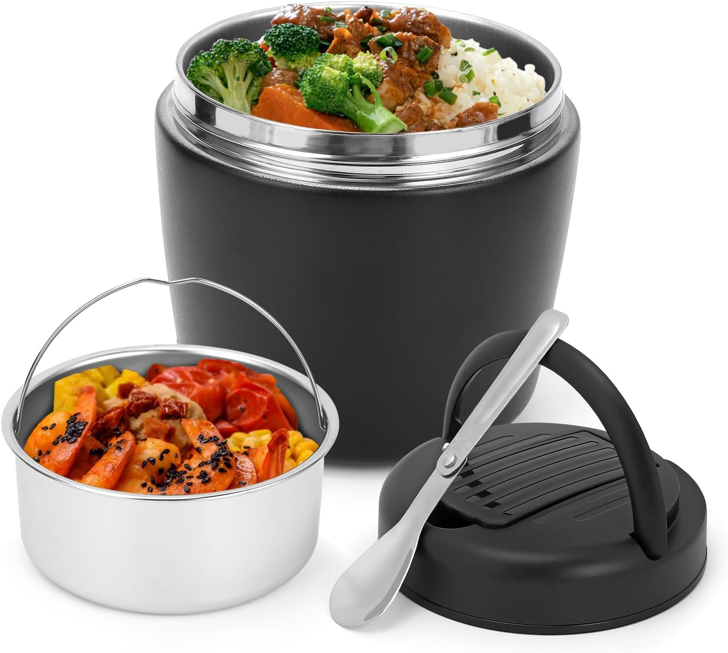 Insulated Food Jar 304 Stainless Steel 1.2L Portable Thermal Lunch Box Insulated Food Container with Spoon for School Travel Black image number 1