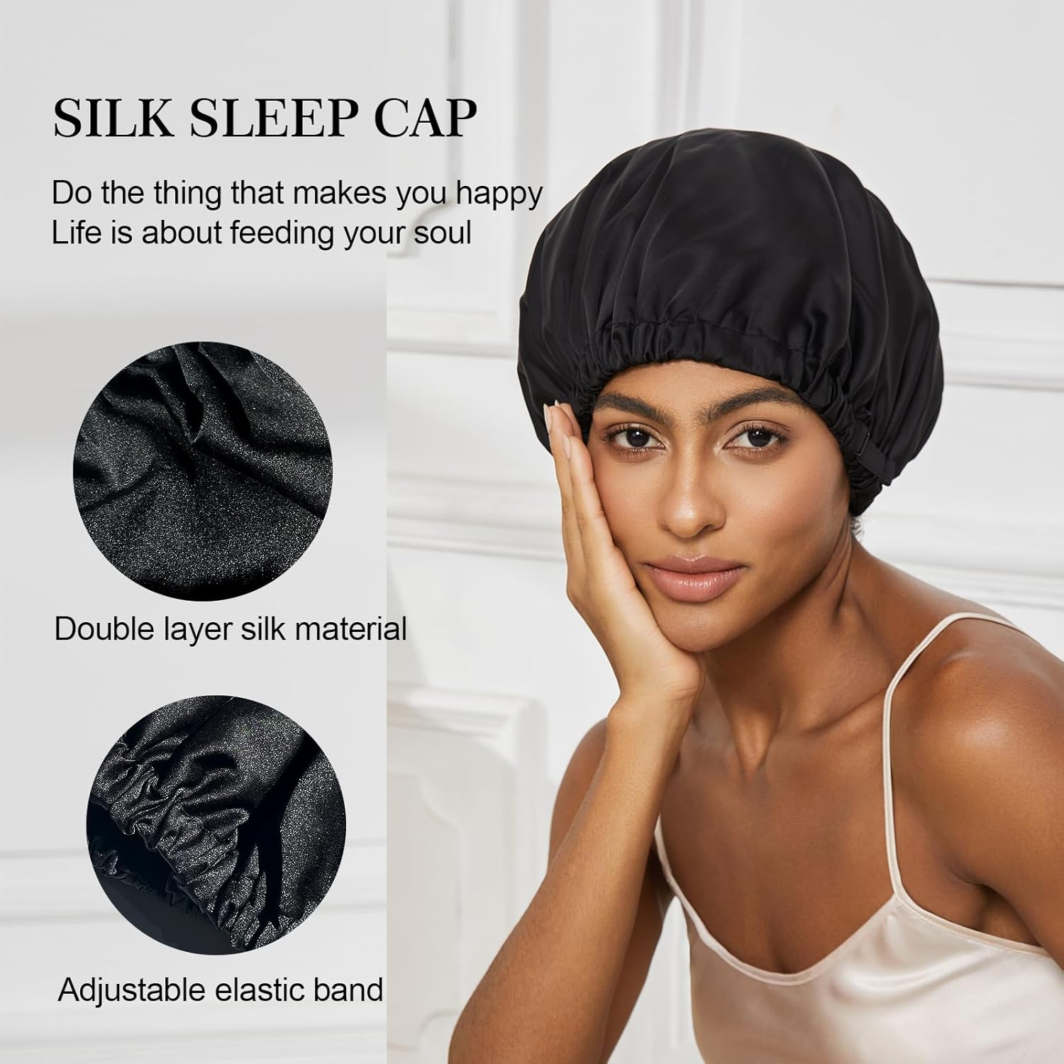 Satin Bonnet Silk Bonnet for Sleeping Women, Double Layer Hair Bonnet Wrap Sleep Cap for Women Curly Hair, Black, One Size - Teal image number 5