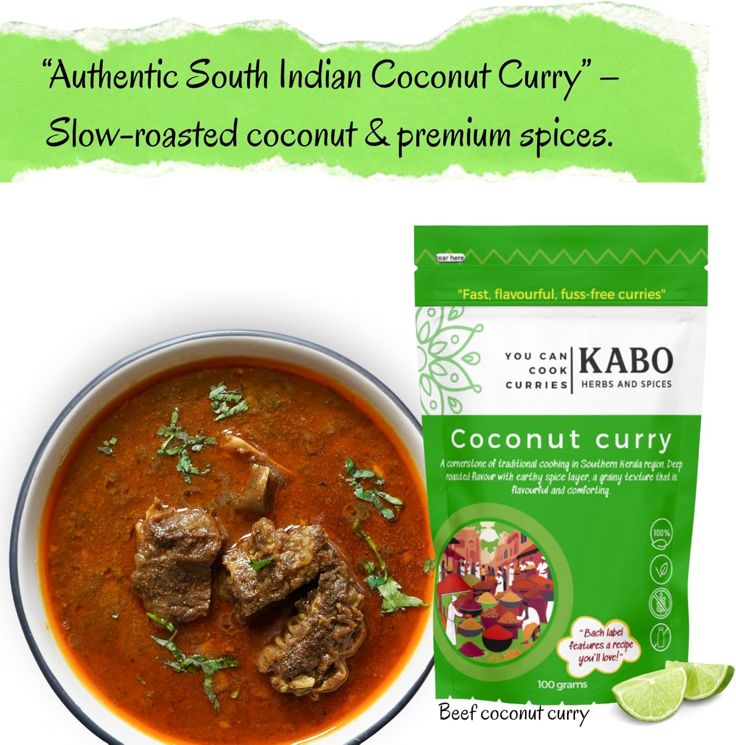 KABO Coconut Curry Masala 100G (3.52Oz) &ndash; Authentic South Indian Spice Blend with Slow-Roasted Coconut | Complete Mix, No Onion or Tomato Prep Needed for Chicken, Prawn, Lamb, Eggplant & Veg 100% Natural, Vegan, No Additives, Ziplock Pouch image number 2