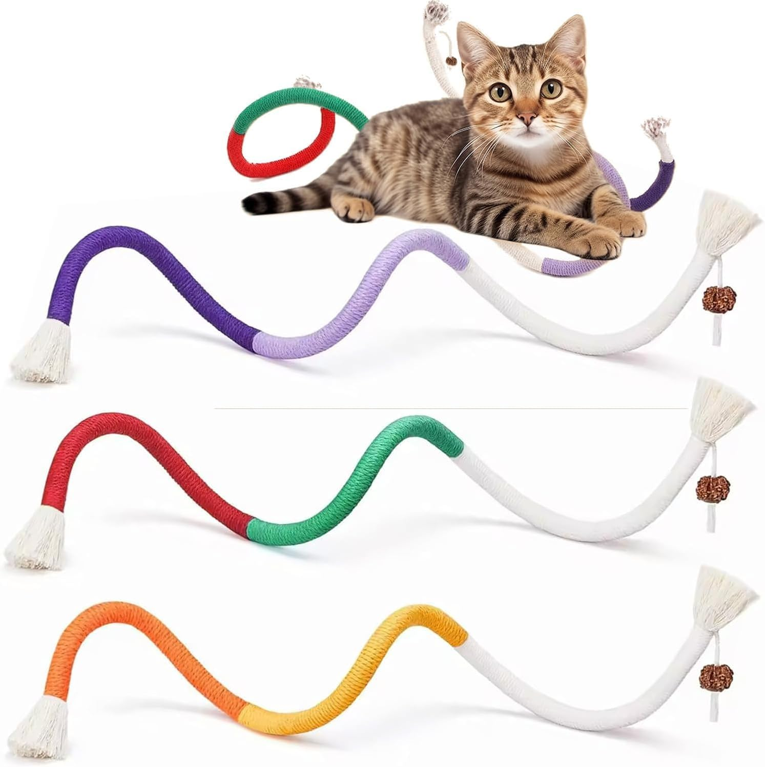 3 PCS Cat Chew Toys Rope Set, 27.56" Natural Sisal & Cotton Rope Cat Toys with Catnip, Pet-Friendly Teething & Oral Care Toys for Indoor Cats and Kittens image number 3
