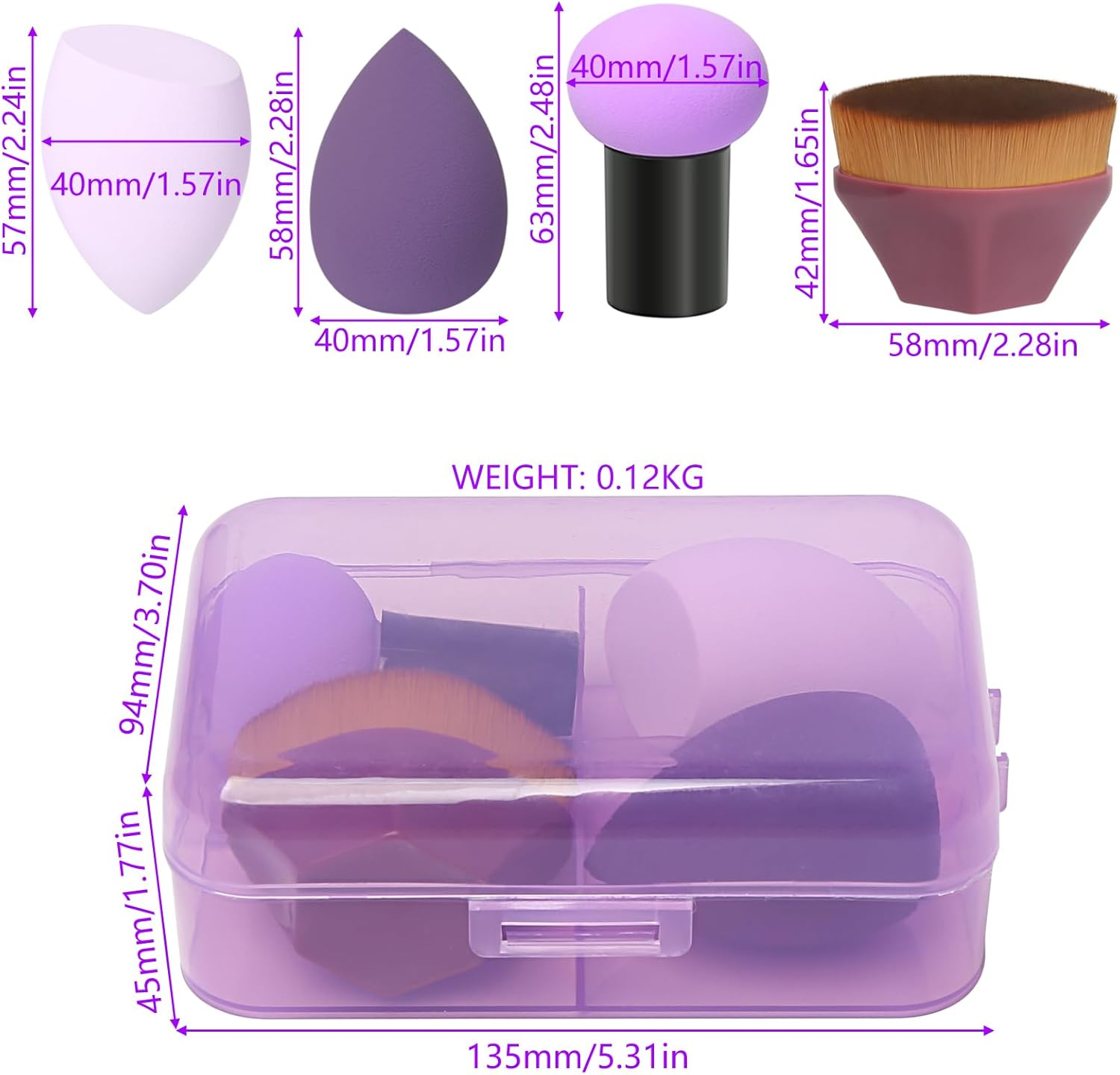 Makeup Brushes Set - 4 Piece Kabuki, Blush, and Concealer (Purple) image number 2