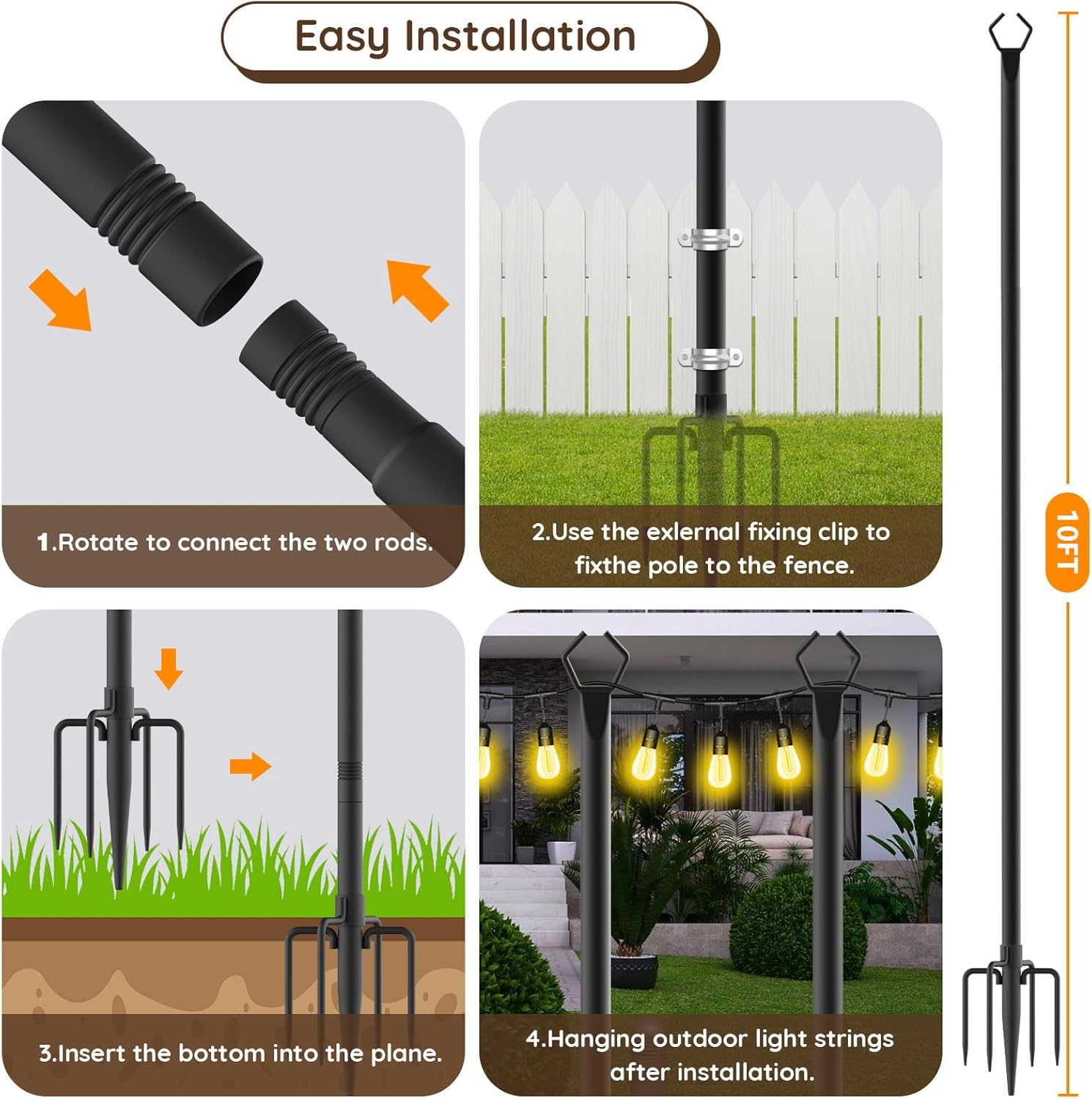 10Ft String Light Poles 4 Pack,Light Poles for outside Lights,Outdoor with Fence Brackets Hanging Lights,Metal Stand Deck Patio Backyard image number 6